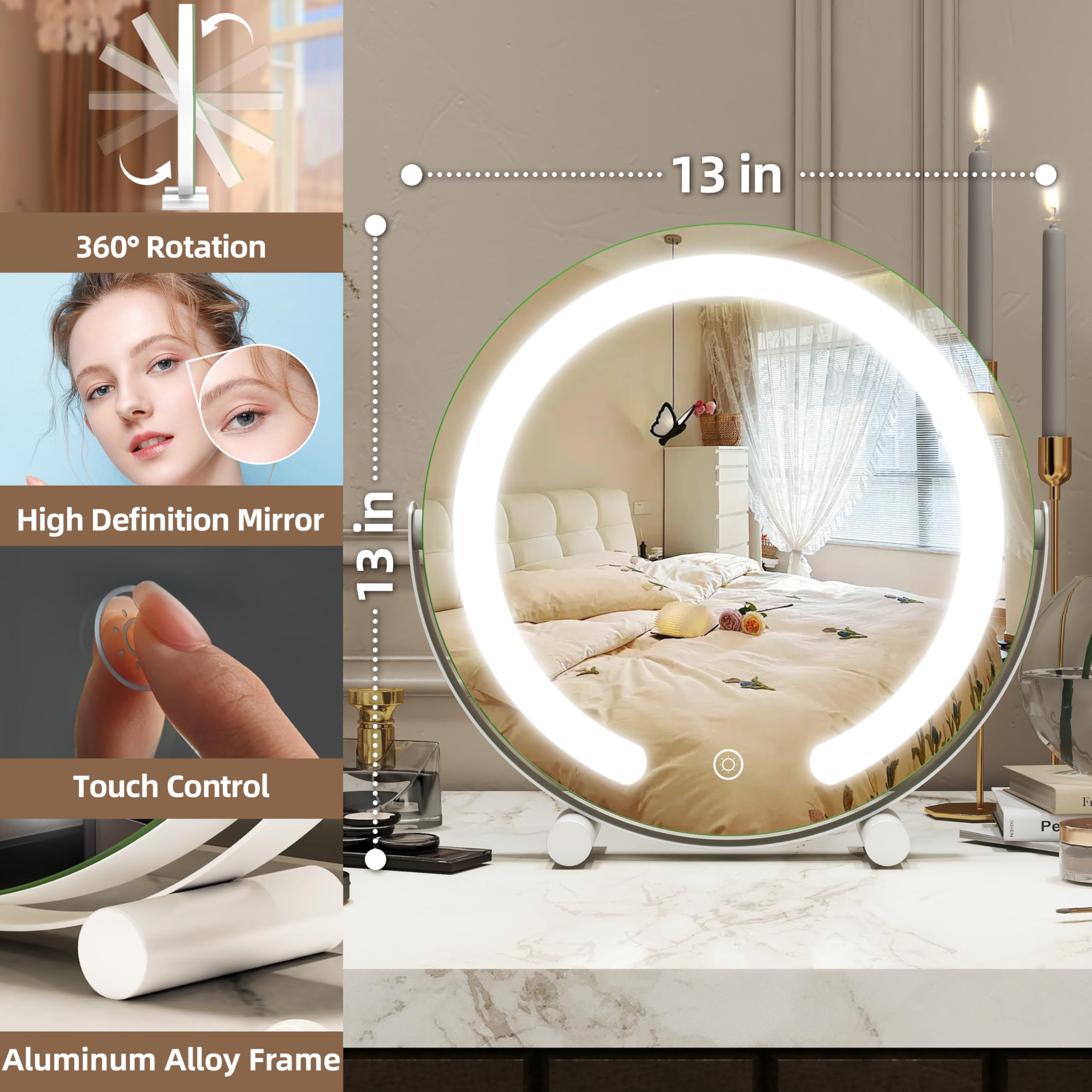 Fennio Vanity Mirror With Lights, 12 Inch Cob Led Lighted Makeup Mirror, Round Makeup Mirror With Lights With 3-Color Lighting,