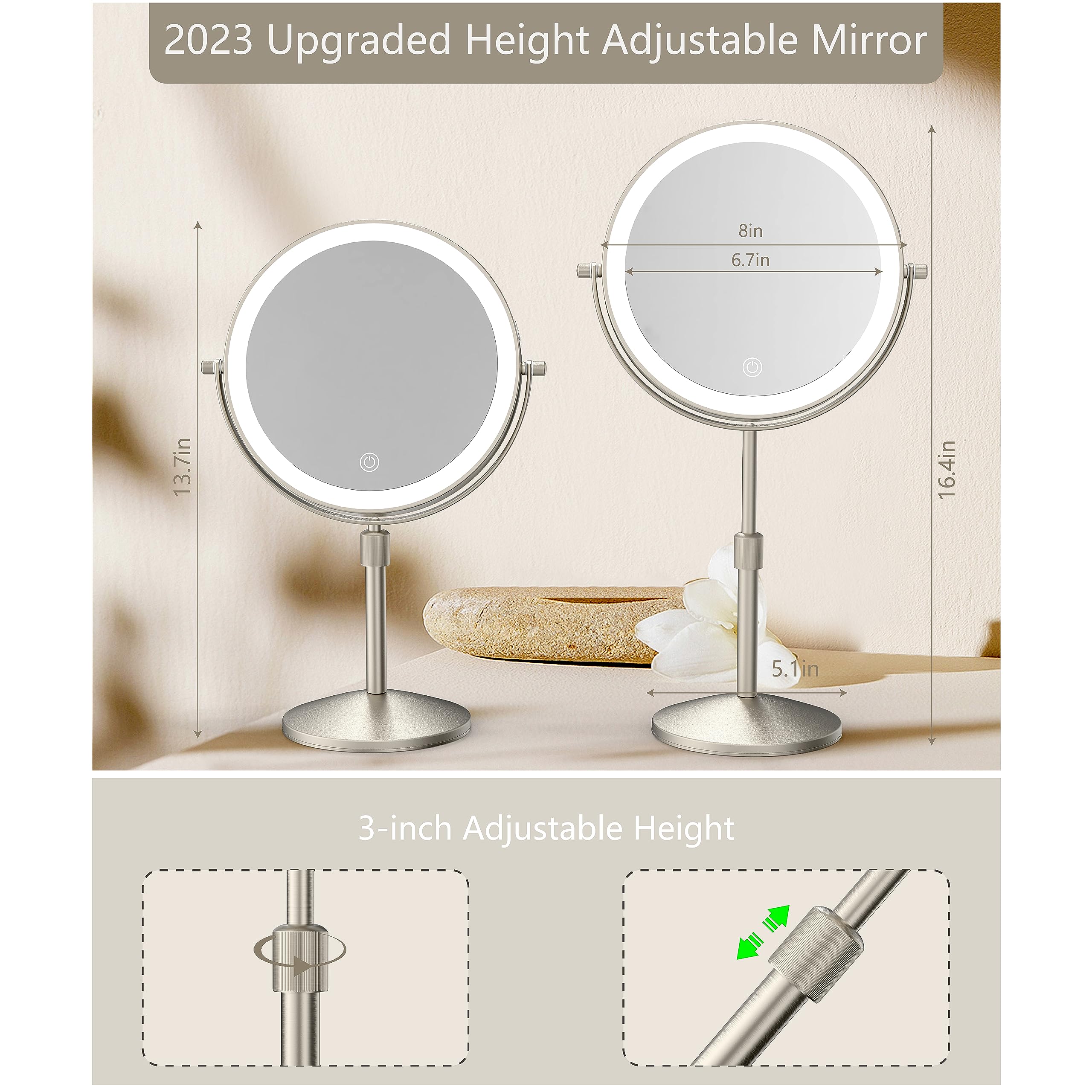 Miroamz 8'' Lighted Makeup Mirror, 1X/10X Magnification Mirror With Light, Double Sided Dimmable Mirror, Rechargeable & Brightne