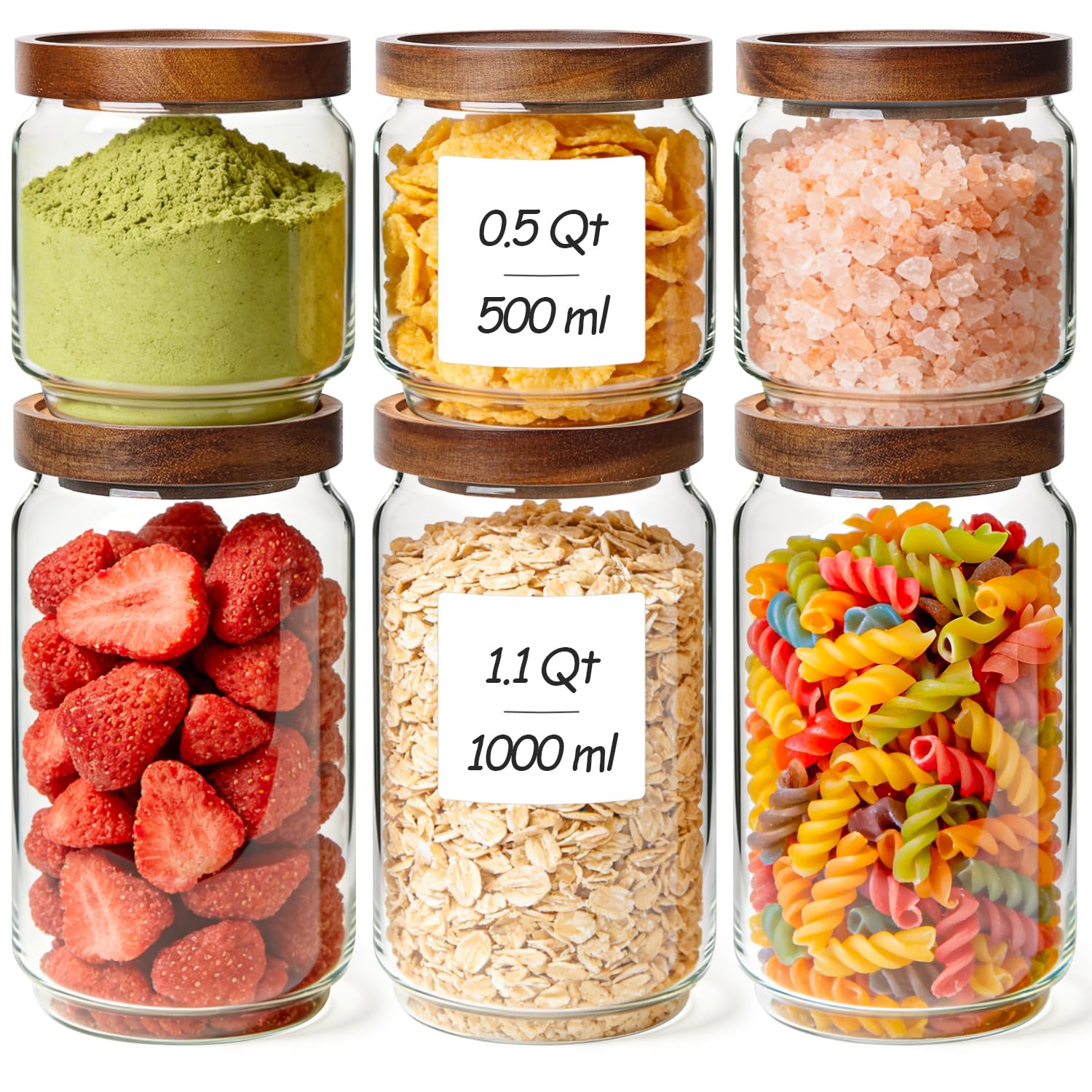ComSaf Glass Pantry Storage Container with Acacia Wood Lids 1.1/0.5Qt 6Pack
