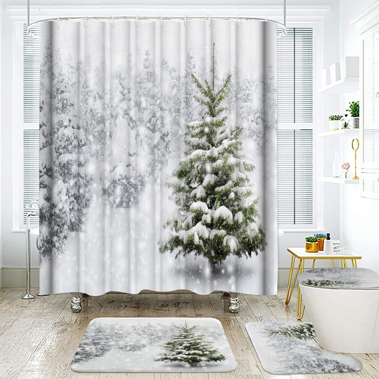 Onalasyc 4-Piece Christmas Shower Curtain Set,Winter Christmas Tree Snowflake Shower Curtains Holiday Bathroom Set with Shower C