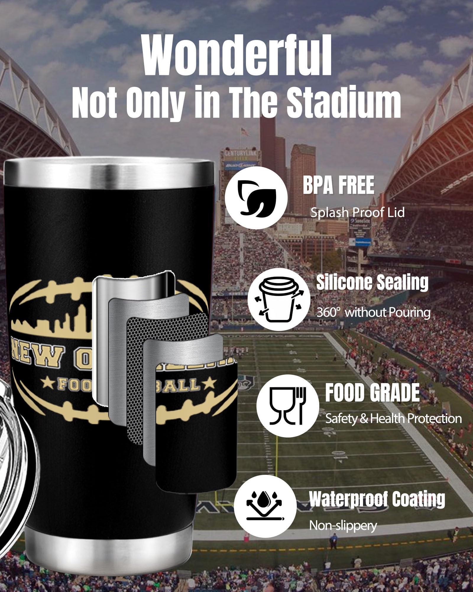 Football Fan 20 Oz Insulated Travel Coffee Cup Mug Tumbler with Lid New Orleans Themed Merch Shop Men Women Sport Stuff Gear App
