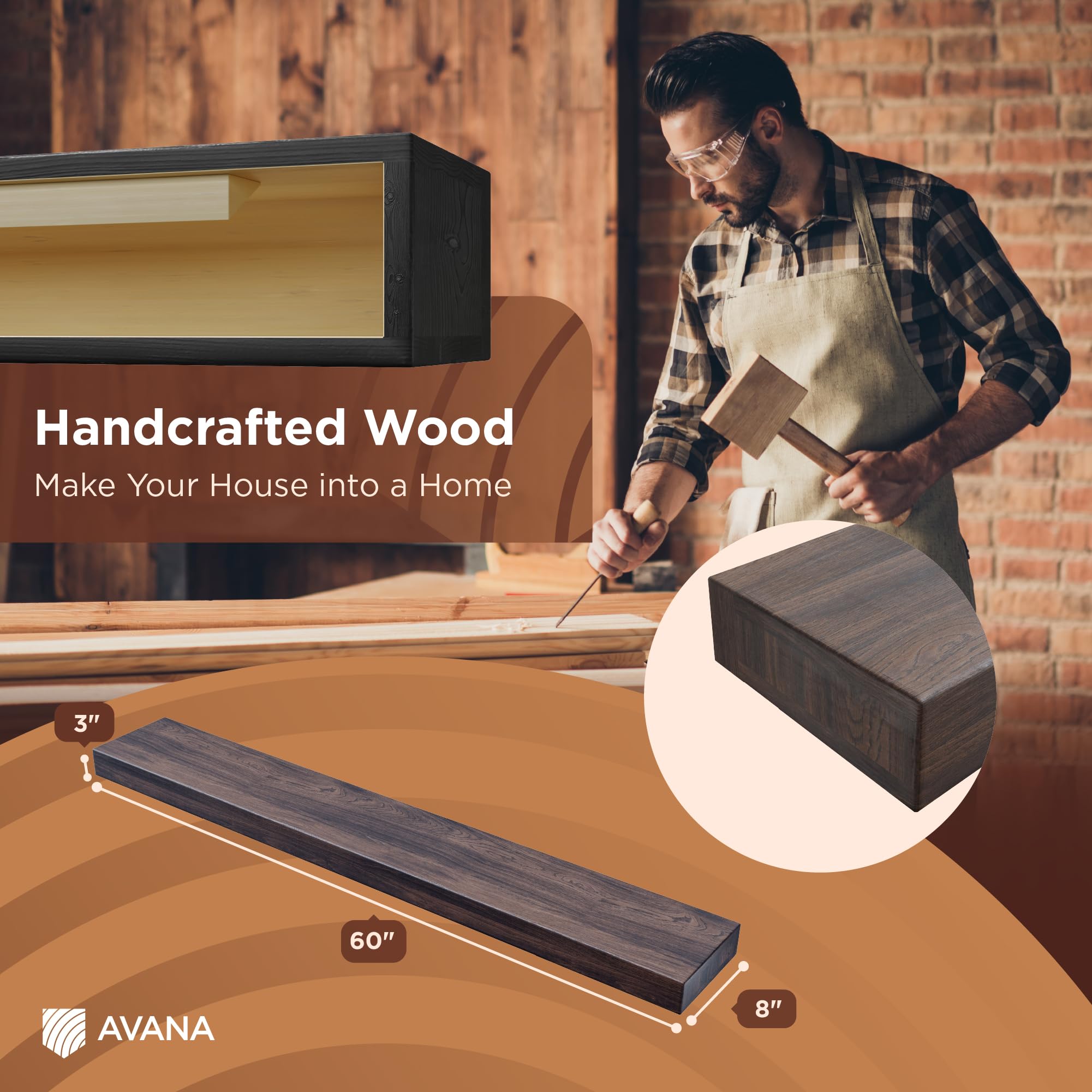 Avana Fireplace Mantel Shelf 60 Inch - Natural Wood Mantles For Over Fireplace - Handcrafted Mantel Farmhouse Floating Shelf - F