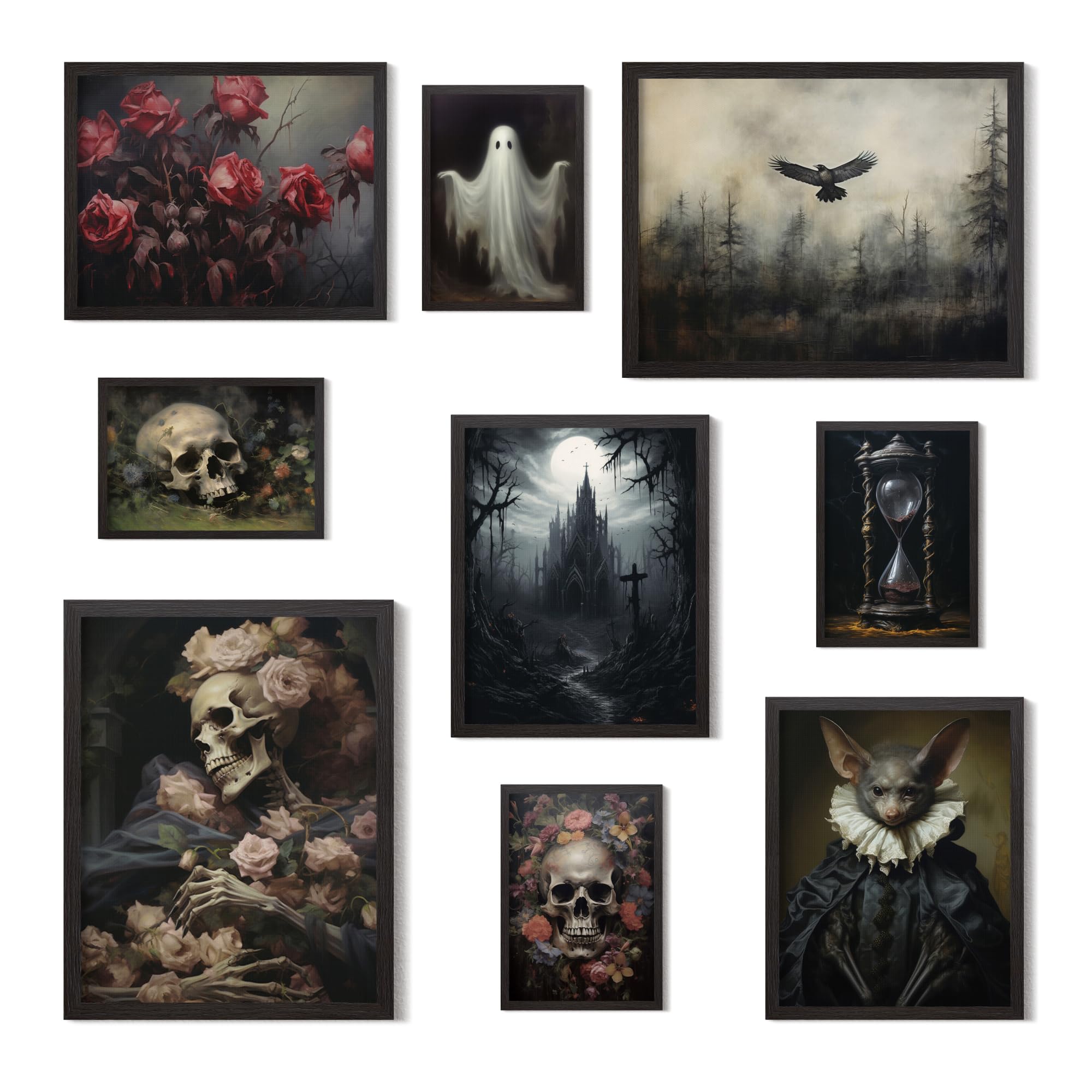 Putuo Decor Gothic Skull Wall Decor, 9Pcs Gothic Dark Academia Wall Art, Floral Rose Skeleton Ghost Wall Art, Scary Creepy Print