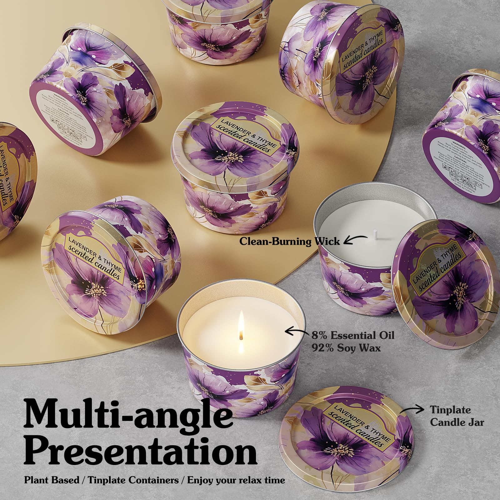 3-Pack Aromatherapy Candle Set - Travel-Size Lavender & Thyme Scented Candles 2.2oz Each | 10+ Hour Relaxing Long-Lasting Burn |