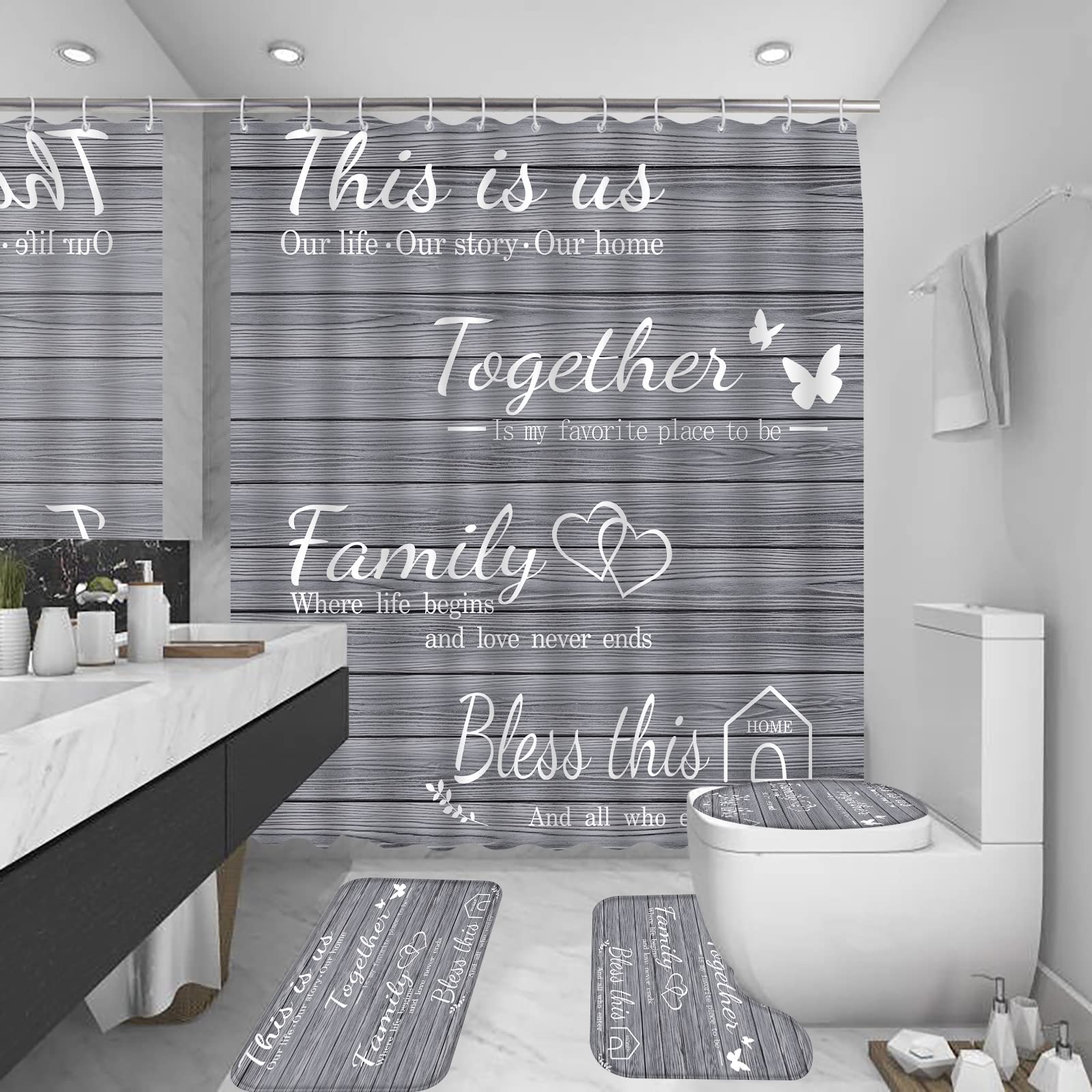 Juwute 4Pcs Family Shower Curtain Sets With Non-Slip Rugs, Toilet Lid Cover And Bath Mat, Grey Home Bathroom Decor Set Accessori
