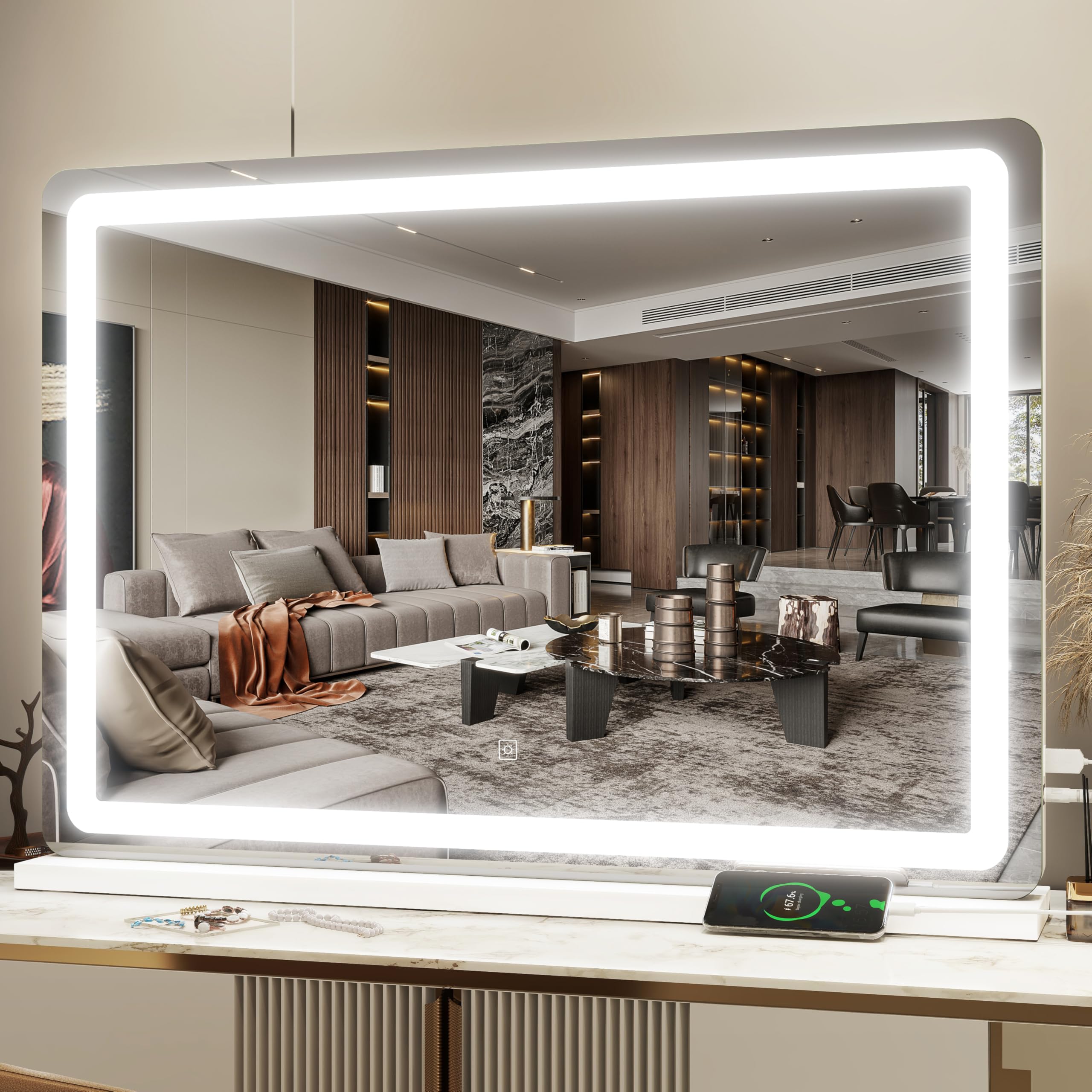 Hnv 31X21 Lighted Vanity Mirror With Lights - Large Makeup Mirror, 3-Color Dimmable Led, Touch Screen, Usb Charging Port, Tablet