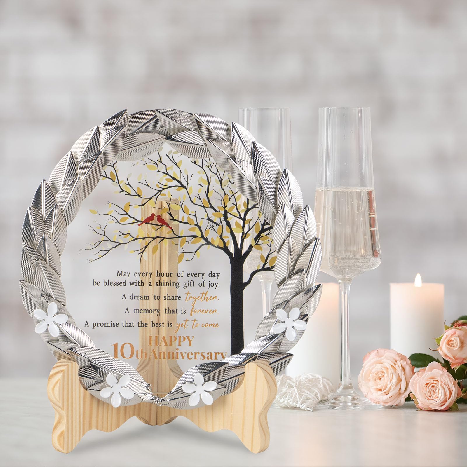 10th Anniversary Wedding Gifts Crystal Plate with Tin Leaf Wreath - 10 Years Anniversary Wedding Unique Gifts Ideas for Parents