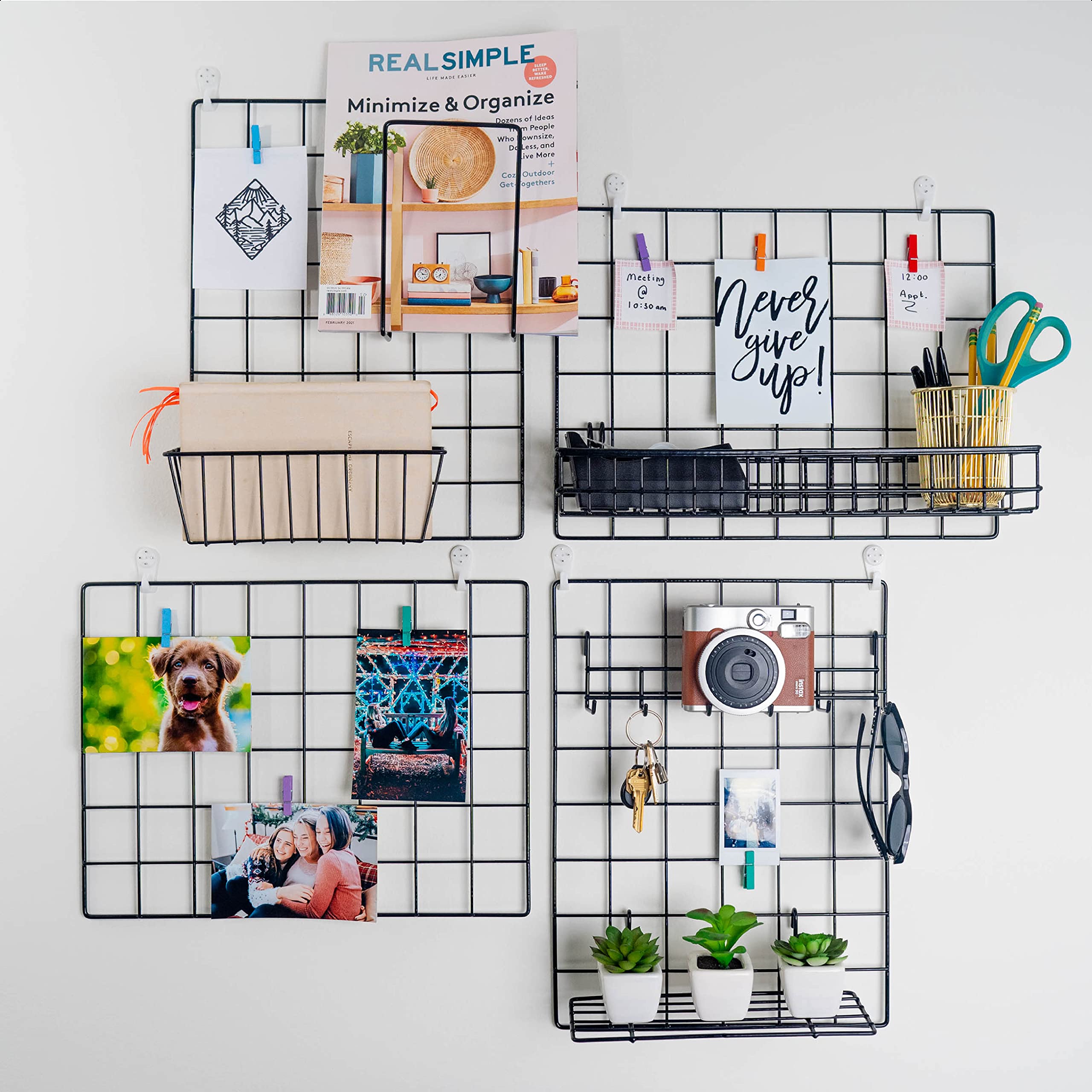 Odoxia Hanging Baskets & Hooks Rack | Wall Grid Accessories For Wire Wall Grid Panel | Grid Panel Accessories | Wire Wall Basket