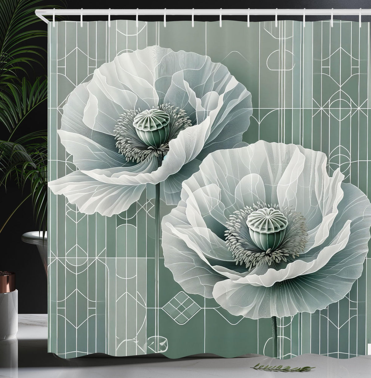 Ambesonne Green Shower Curtain, Futuristic Design Of Poppy Flowers With Dreamy Petals And Scandi Lines, Cloth Fabric Bathroom De