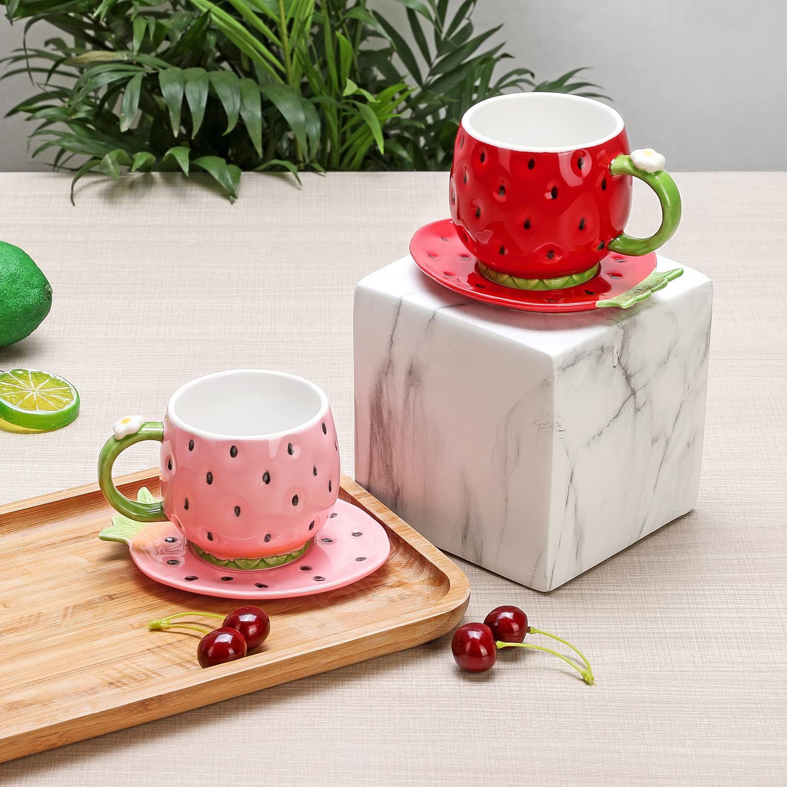 Noviko Ceramic Tea Cup And Saucer Coffee Mug Strawberry Coffee Cup With Saucer - 8 Ounce (Red)