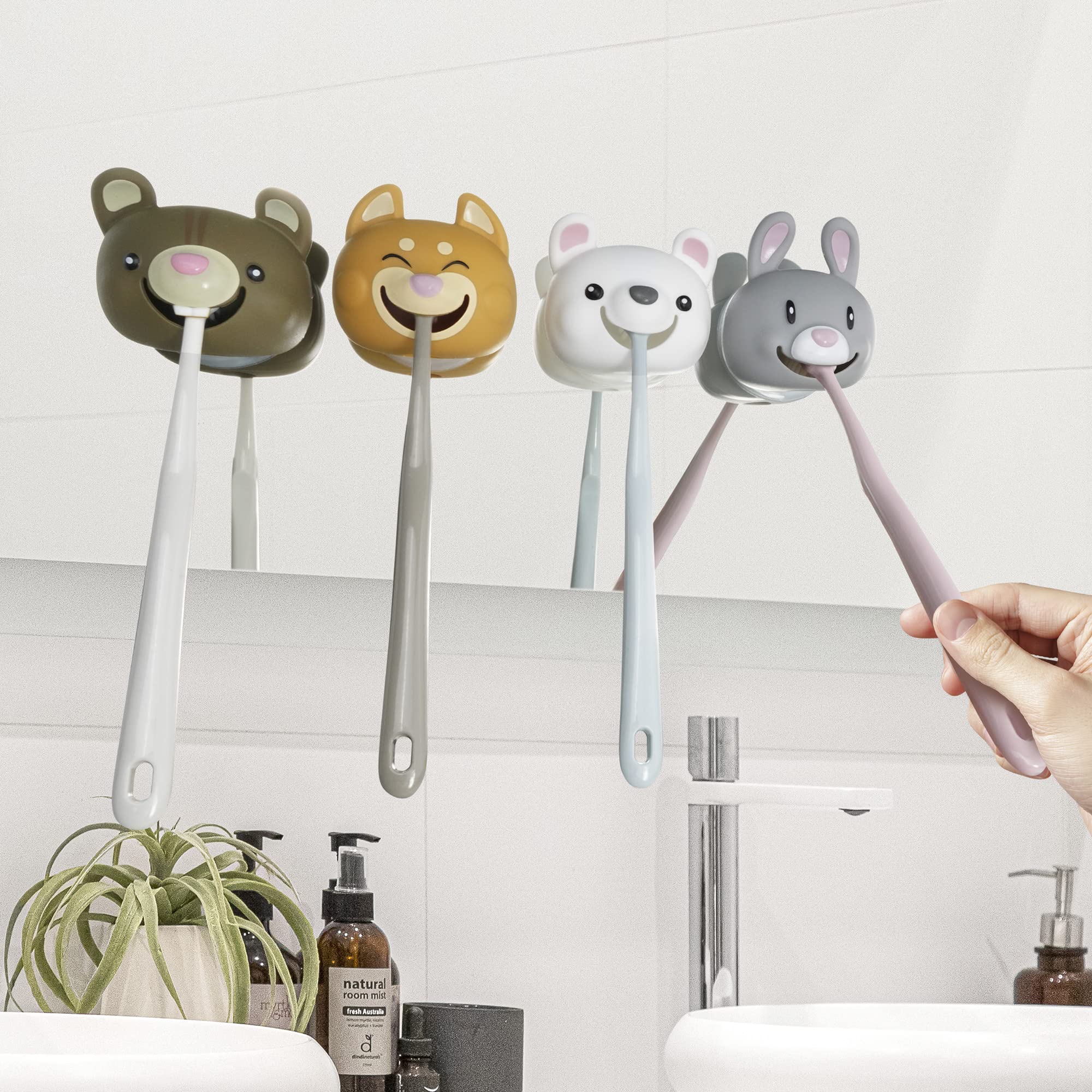 Hoobbe Animal Toothbrush Holder, Kids Suction Toothbrush Holder With Mirror/Glass/Wall Mounted Suction Cup, Bathroom Organizer,