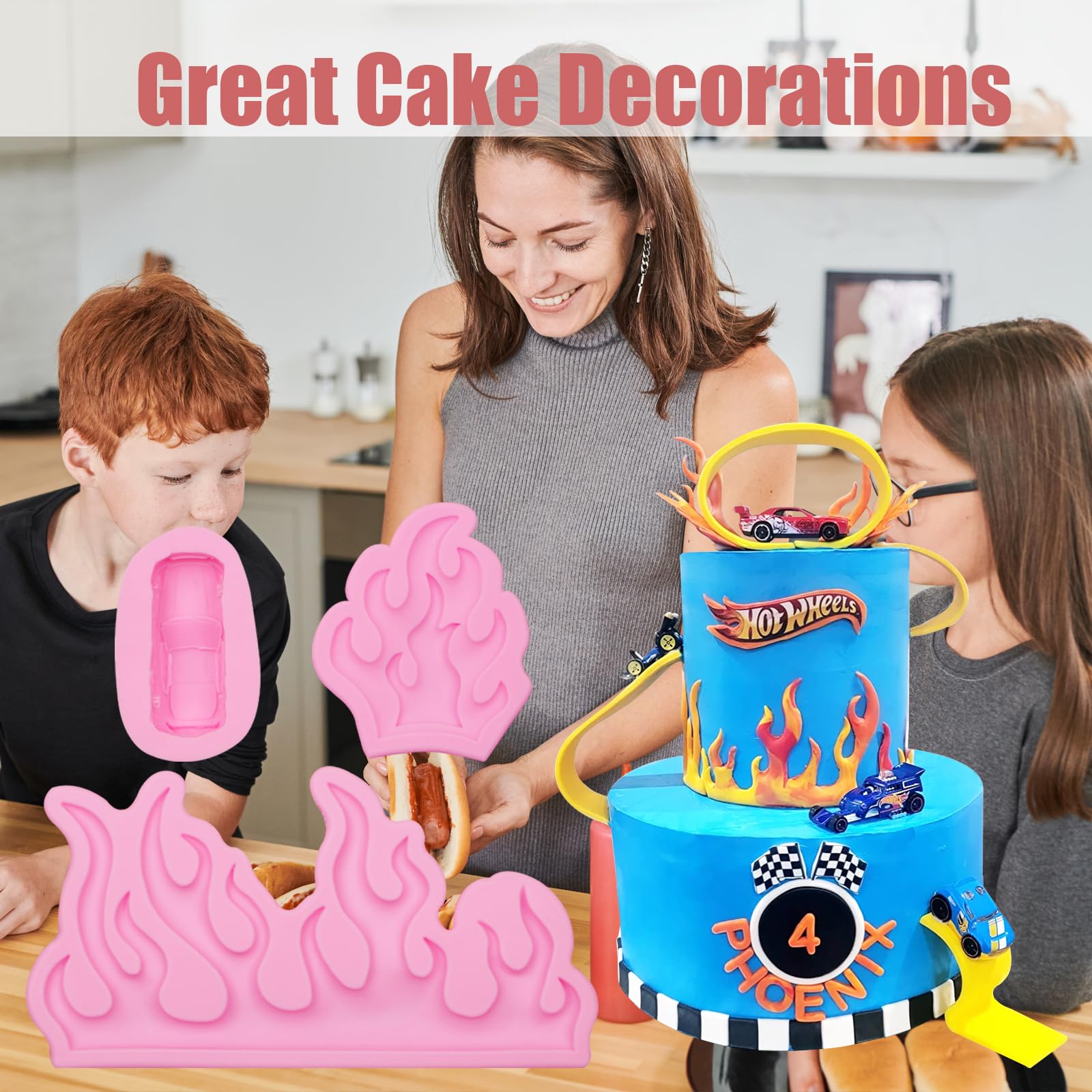 Race Car Silicone Molds 3 Pcs, Flame Fondant Molds For Fire Chocolate Cake Decoration Candy Sugar Cupcake Topper Cake Pop Popsic