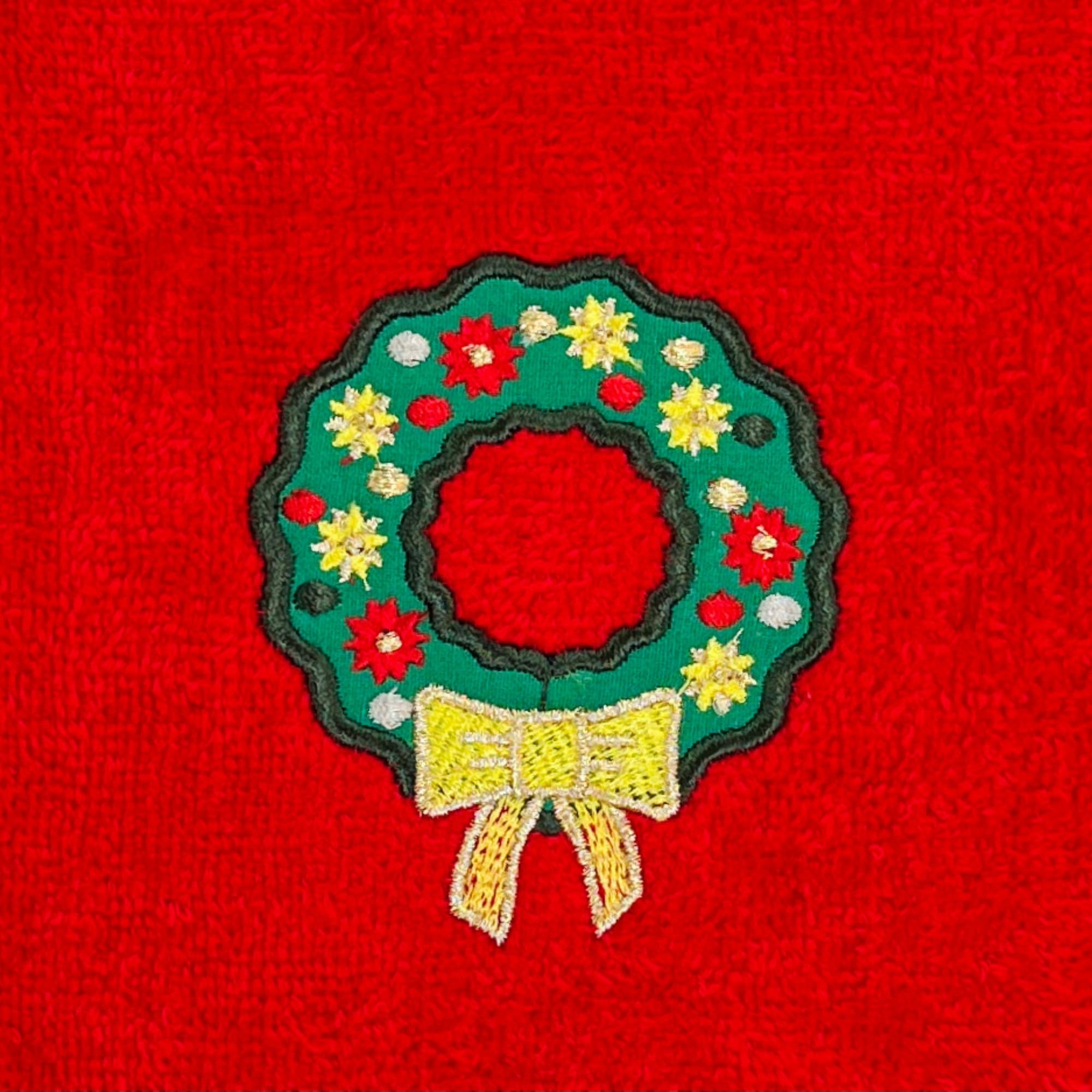 Serafina Home Christmas Bath Towel Set: Cotton Terry Fingertip Towels, Traditional Green Wreath Gold Bow Design, Set Of 2, Embro
