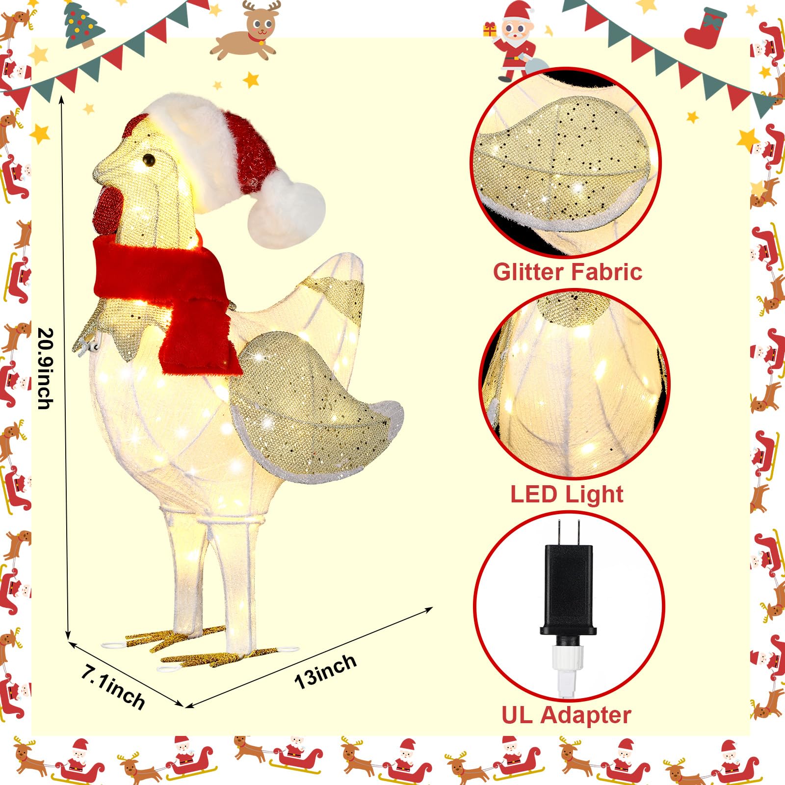 Colingmill 20.8 Inch Light Up Chicken Christmas Decoration Outdoor Large Glitter Chicken with LED Lights and Metal Frame Pre Lit