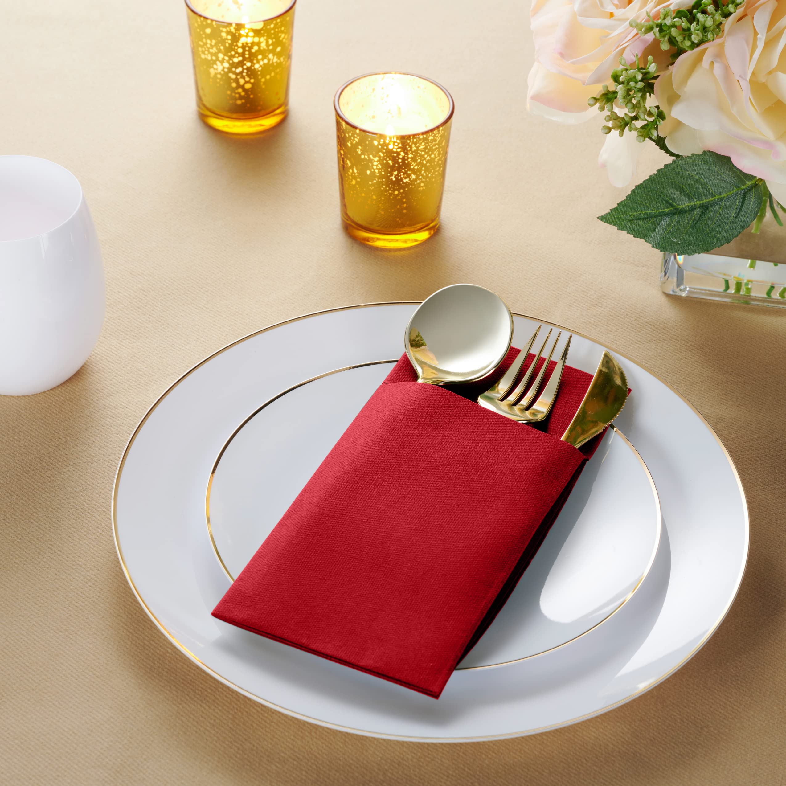 Disposable Linen-Feel Dinner Napkins with Built-in Flatware Pocket  50-Pack BRIGHT RED Prefolded Cloth Like Paper Napkins For Dinner  Wedding Or Party [Silverware NOT Included]
