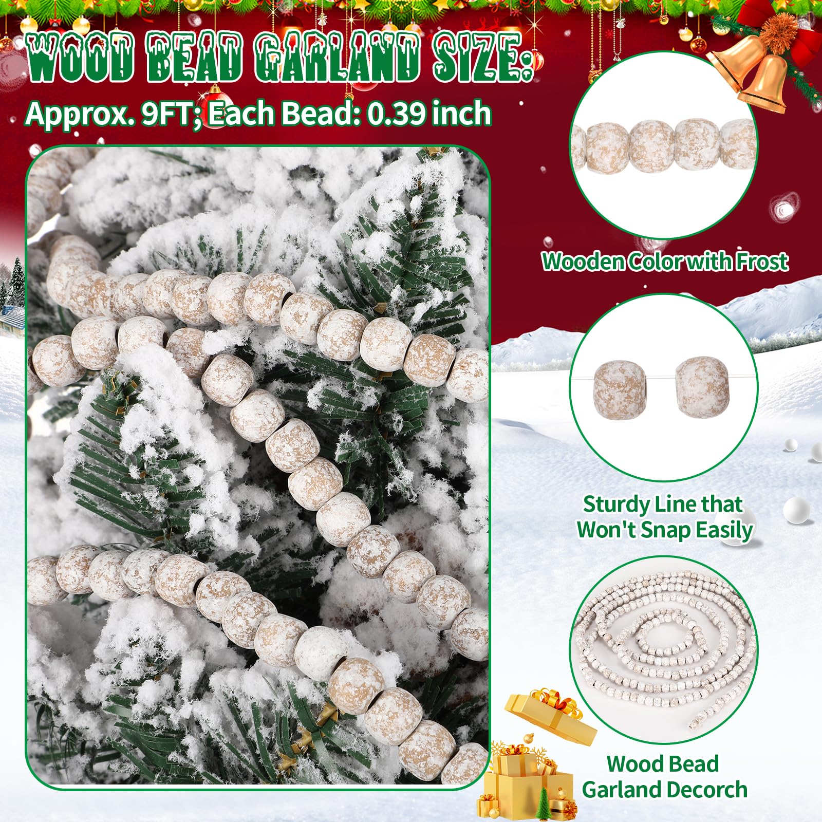 9 Feet Boho Wooden Christmas Bead Garland with Frost Wooden Beads - Decorative for Holiday Tree & Party Supplies