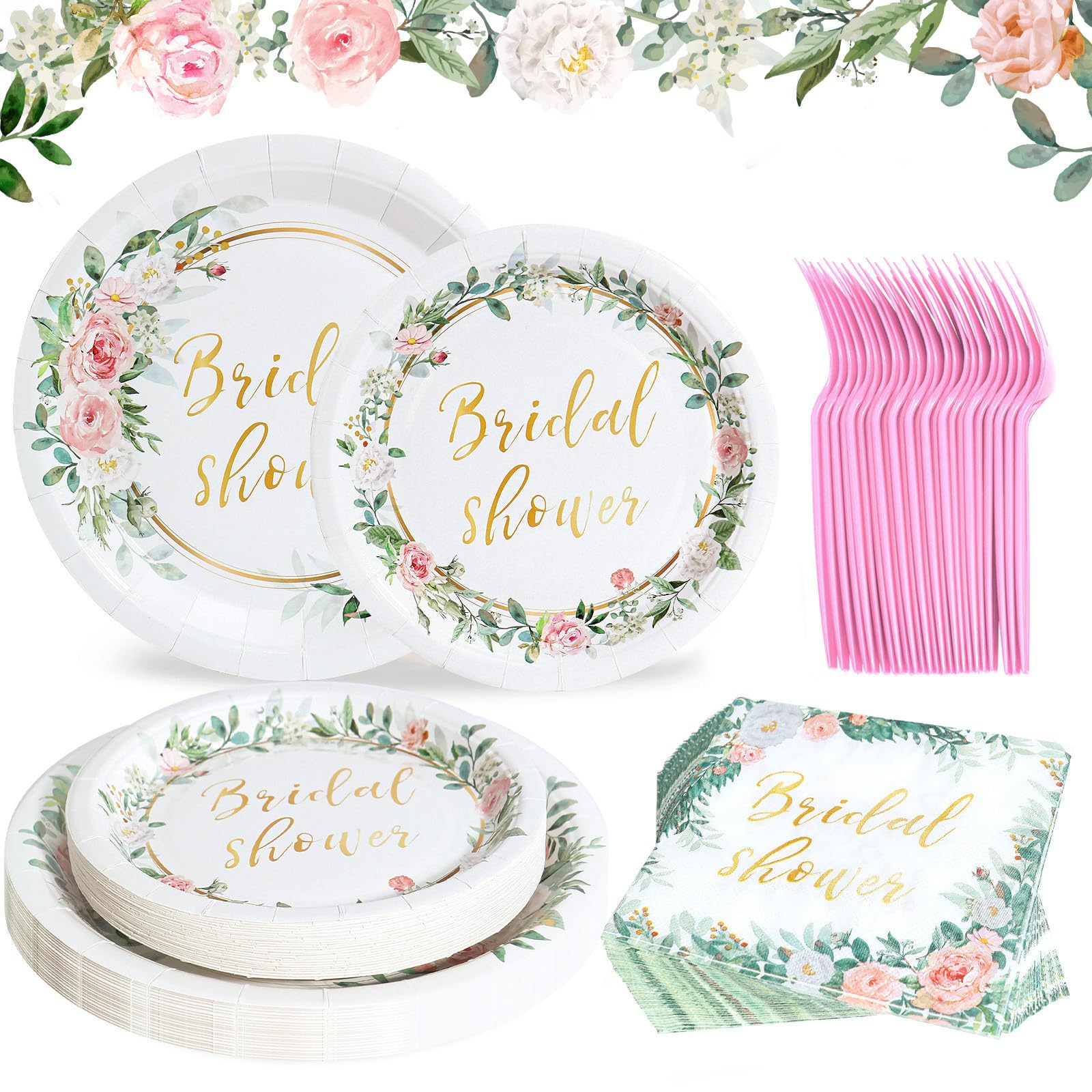 Qifu Bridal Shower Decorations Party Tableware - Pink And Gold Floral Paper Plates,Dessert Plates,Napkins And Forks Sets For 24
