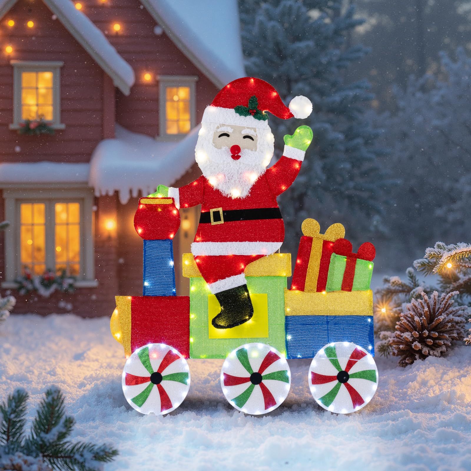 Tangkula Lighted Santa on Train Christmas Decoration, Indoor Outdoor 2D Santa Claus with LED Lights, Gift Boxes and Ground Stake