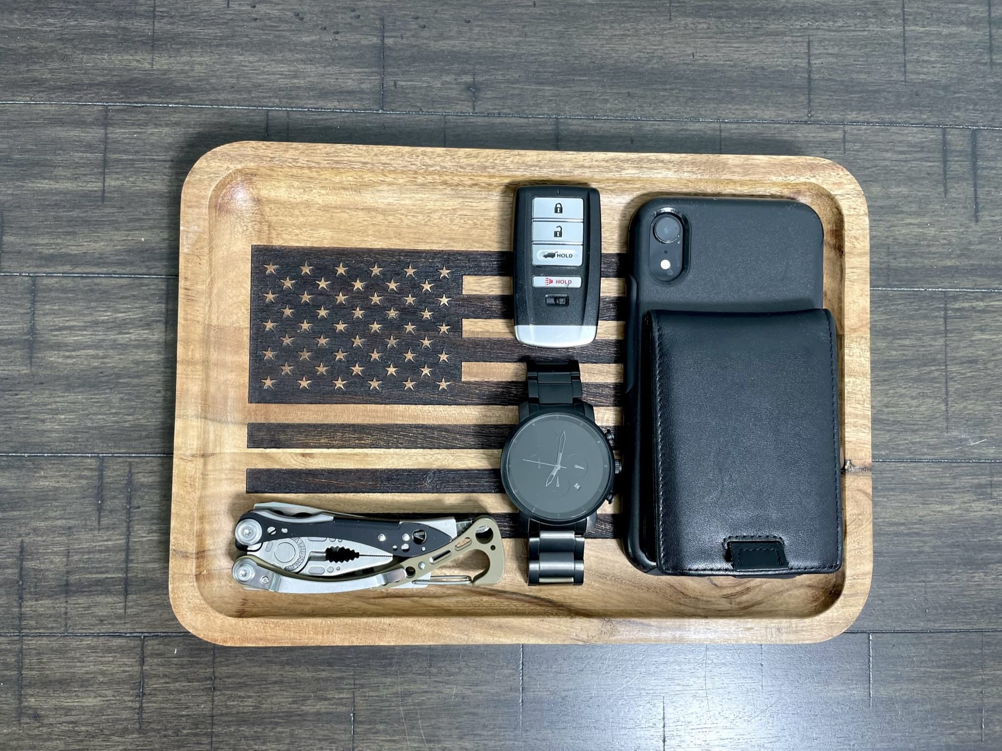 Guard The Line American Flag Valet Tray - Acacia Wood Catch All, EDC Tray - Every Day Carry Bedside Holder, Dump Tray EDC Organi