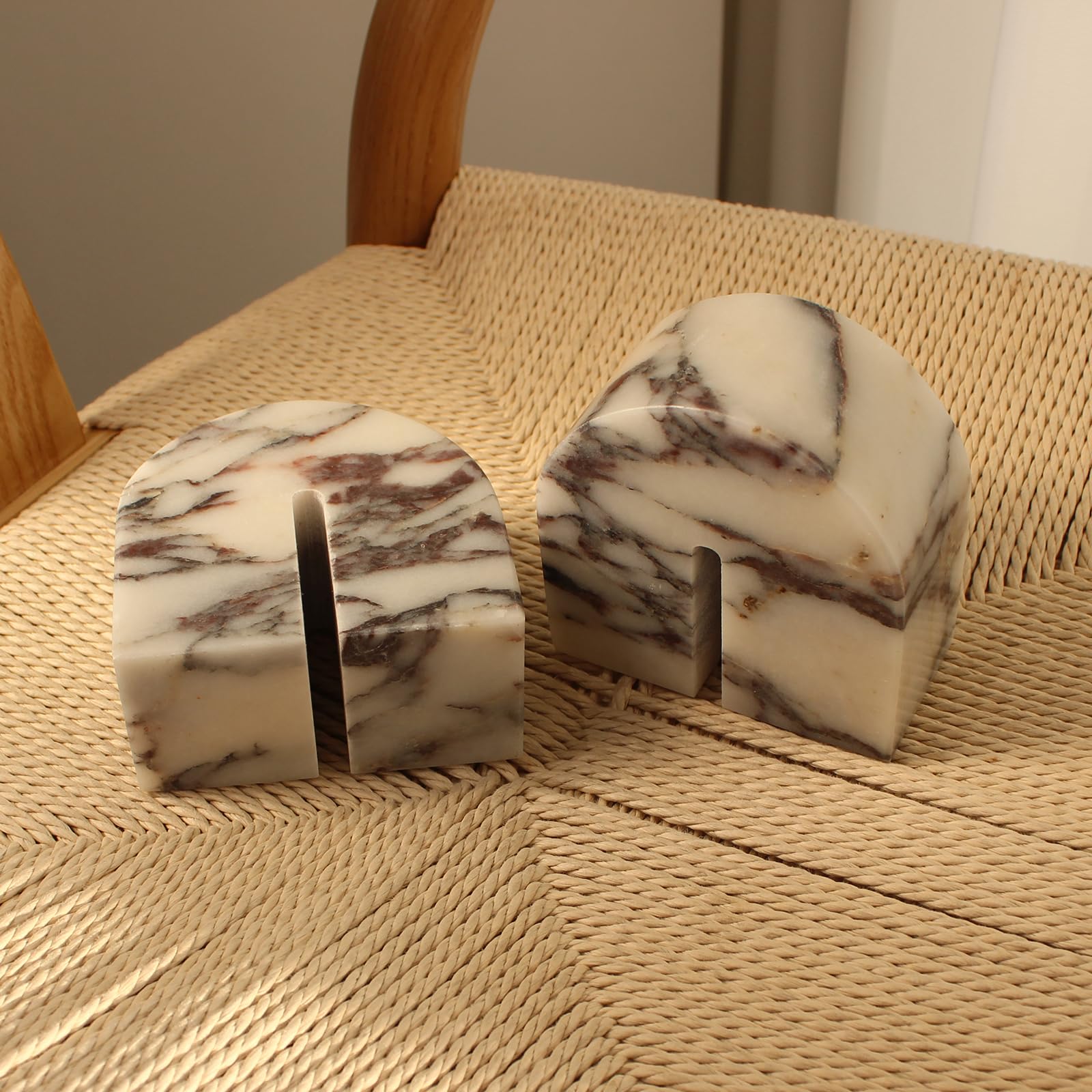 Set of 2 Natural Calacatta Viola Marble Bookends for Shelves, Decorative Book Ends for Heavy Books, Book Stopper Office Bookshel