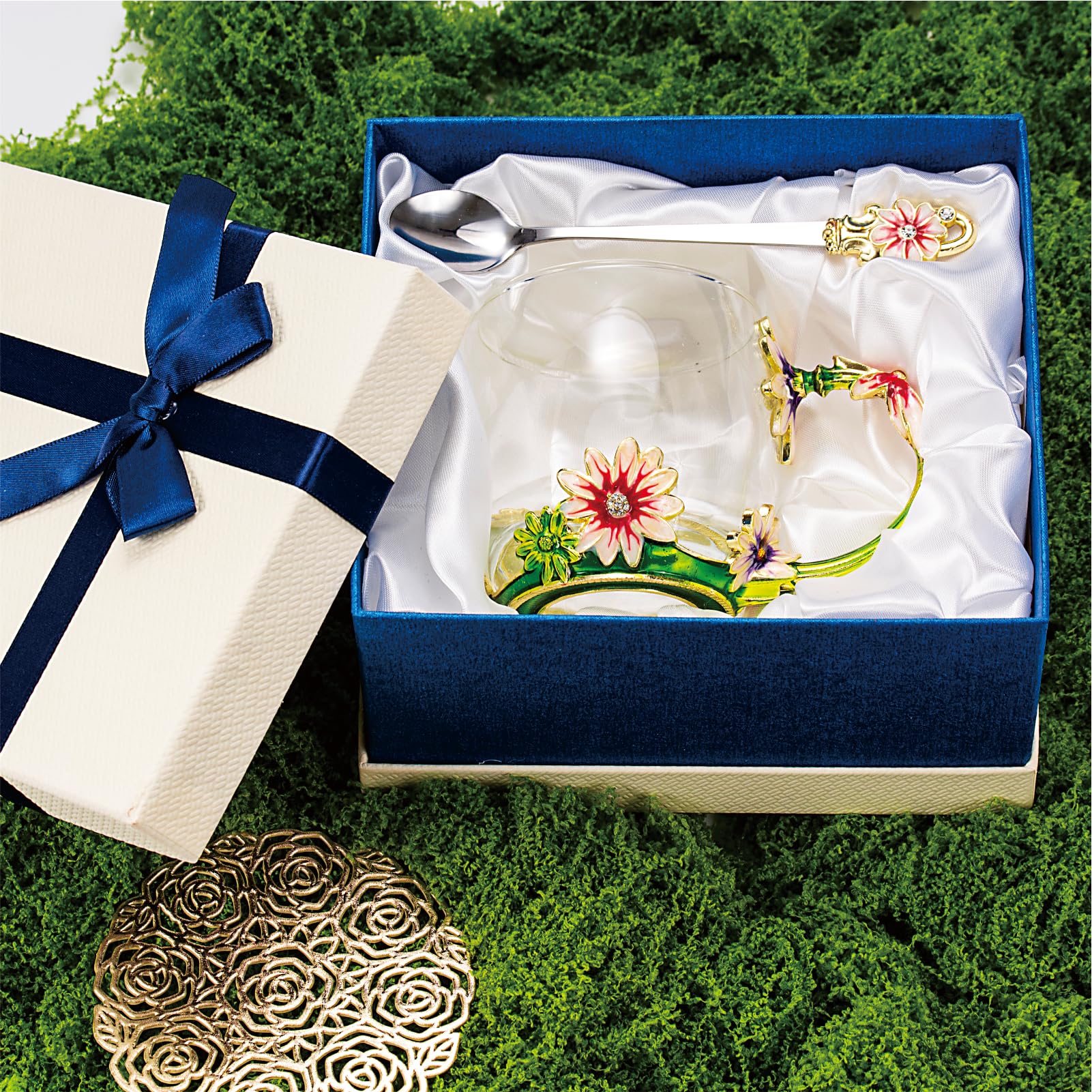 Flower Tea Cup ,Daisy Flower Clear Glass Fancy Coffee Cup with Spoon,Gift Box for Her Mom Wife Grandma Girls Friends Valentines