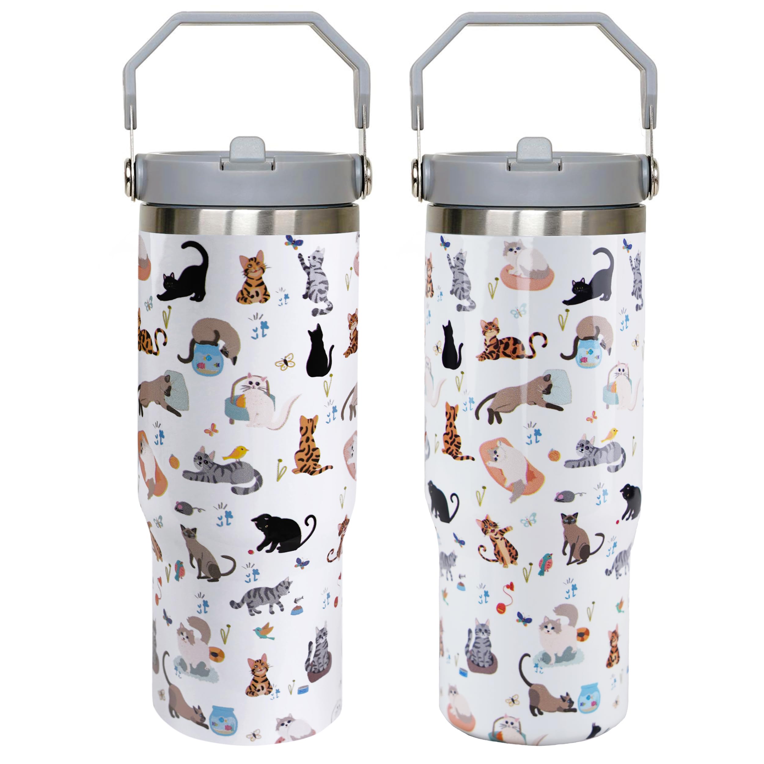 30oz Cat Tumbler with Handle and Straw, Reusable Stainless Steel Insulated Leak Proof Travel Coffee Mug, Cat Gifts for Women