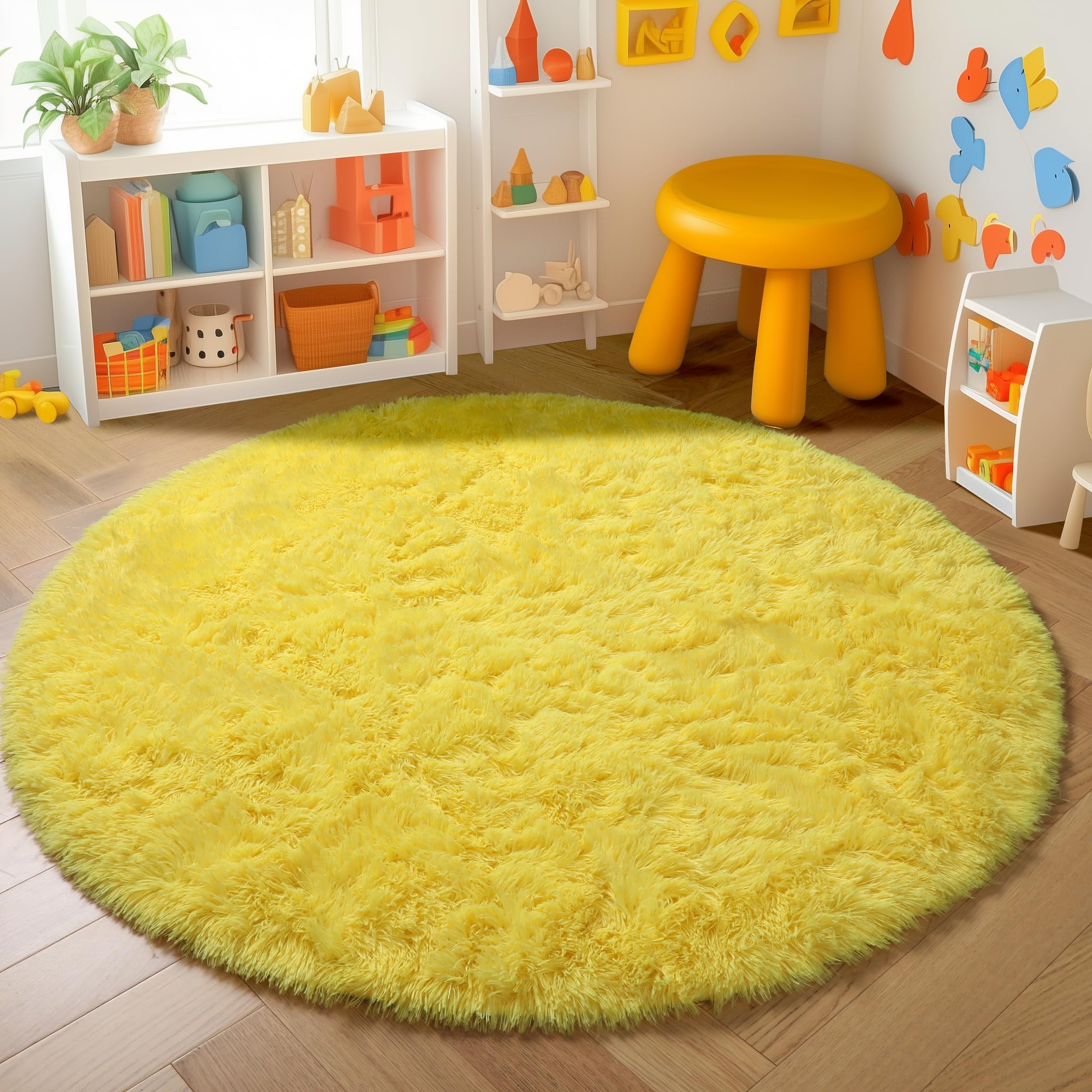 Amdrebio Yellow Circle Round Rug 6Ft for Living Room Bedroom, Fluffy Fuzzy Shag Furry Area Rugs for Baby Kids Room Decor Aesthet