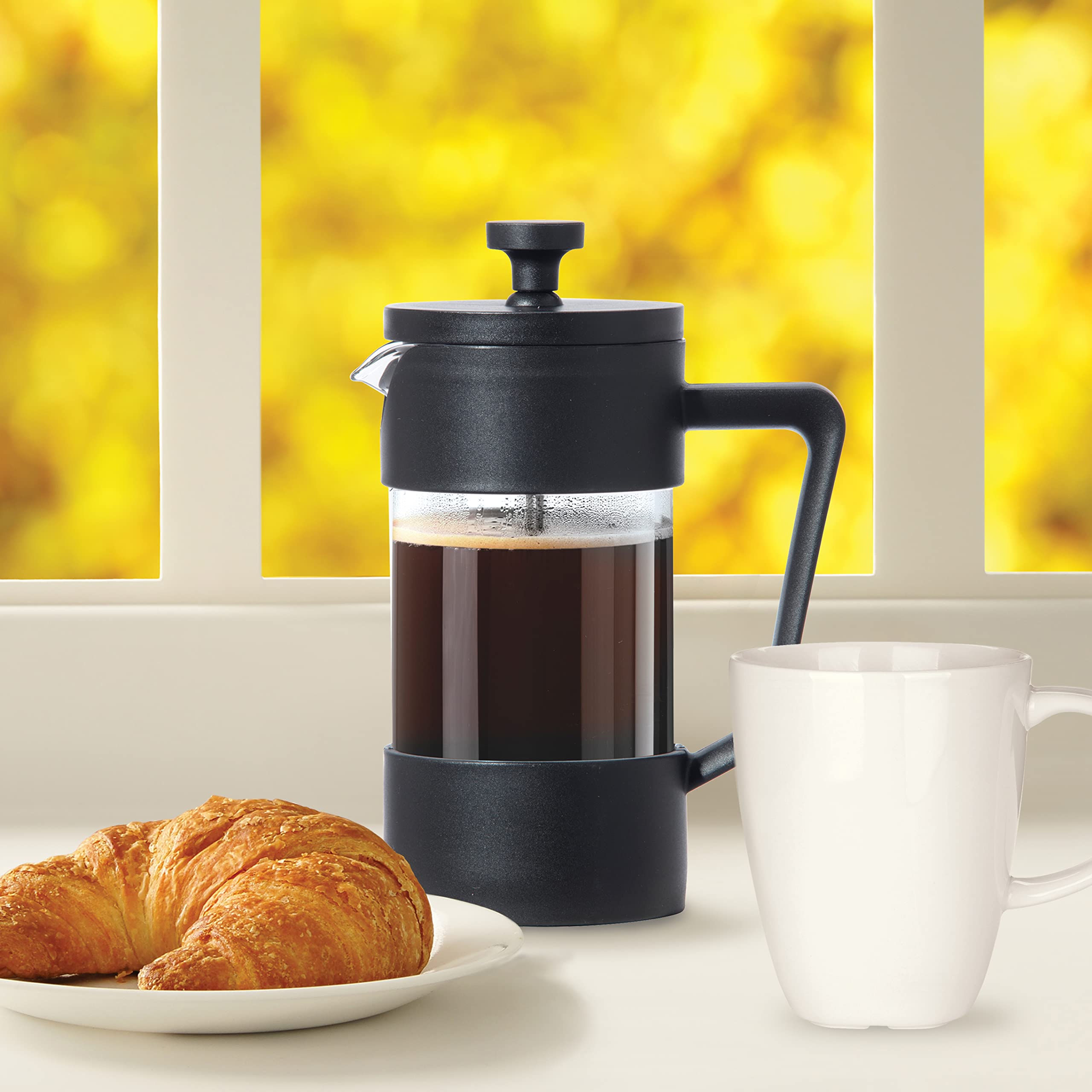 Oggi French Press Coffee Maker - 12oz Borosilicate Glass, Black, Model 6590.3, Single Cup Capacity