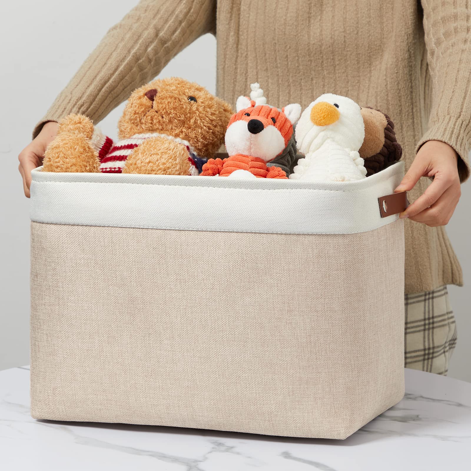 DULLEMELO 2-Pack Large Storage Baskets for Organizing 16 ''x12 ''x12 '' Canvas Fabric Storage Basket Bins With Leather Handles for Shelf Clothes Empty Gift Basket (White&Khaki)