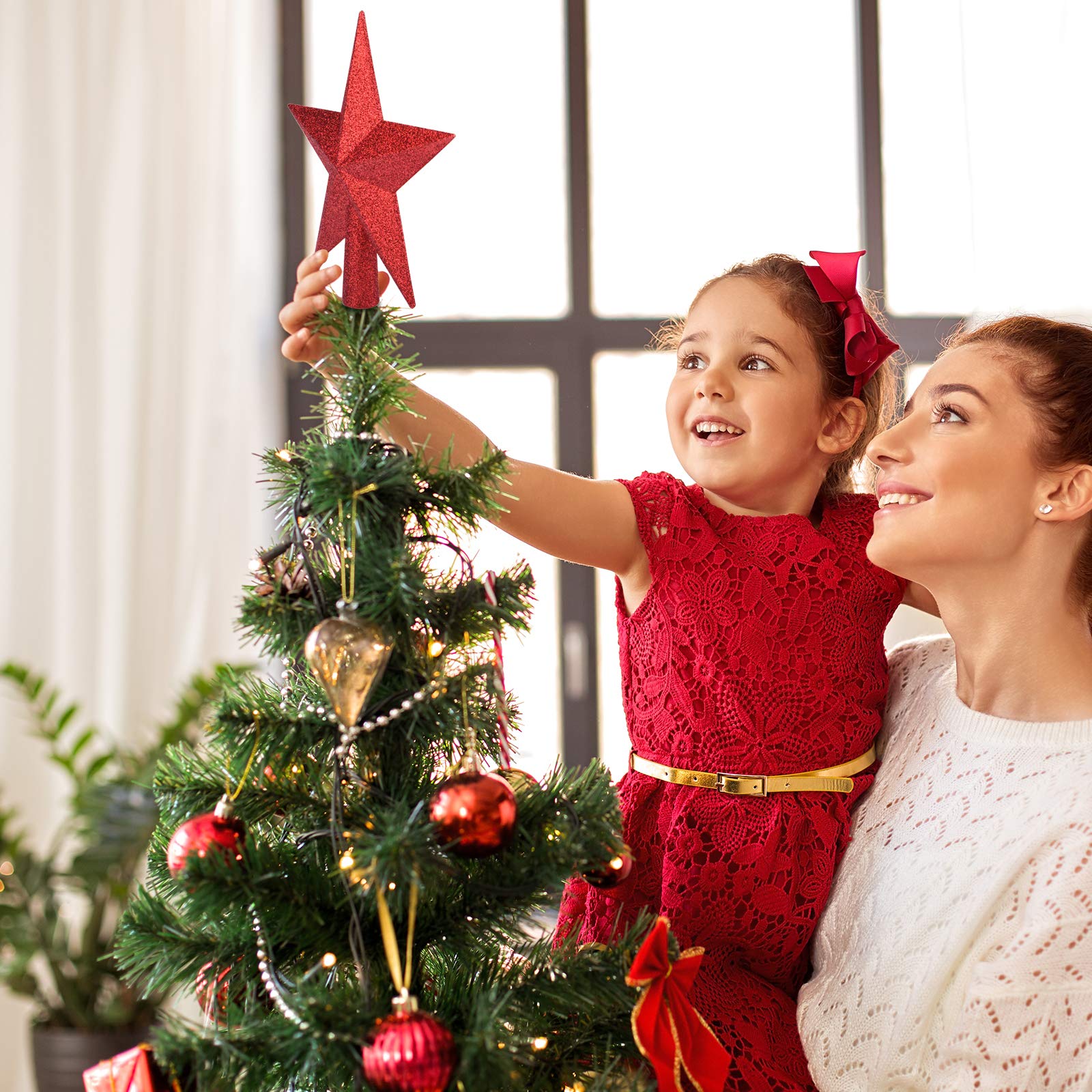 Livder 8 Inches Christmas Tree Top Crown Glitter Star Decoration (Red)