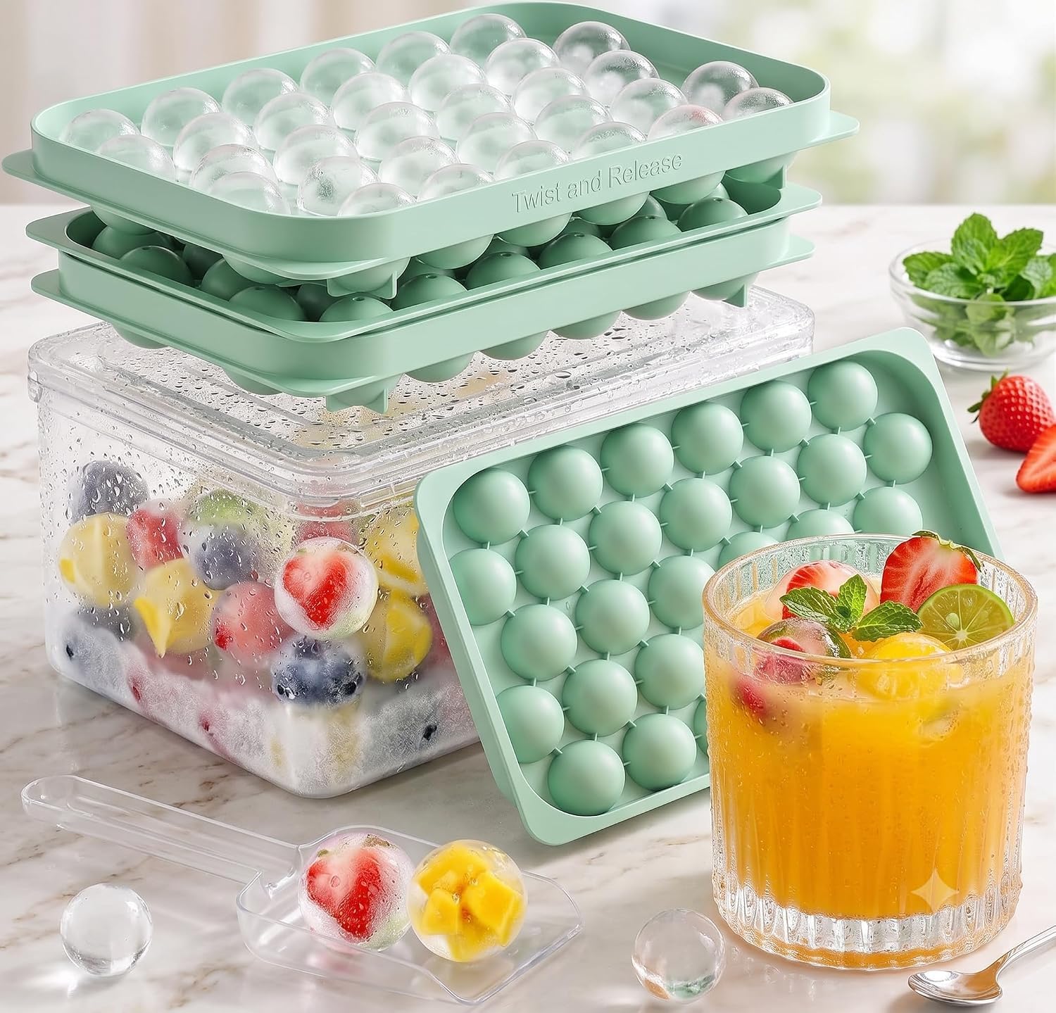 Mini Ice Cube Trays with Lid & Bin, 64 Round Ice Balls, 0.8 Inch, 2 Pack