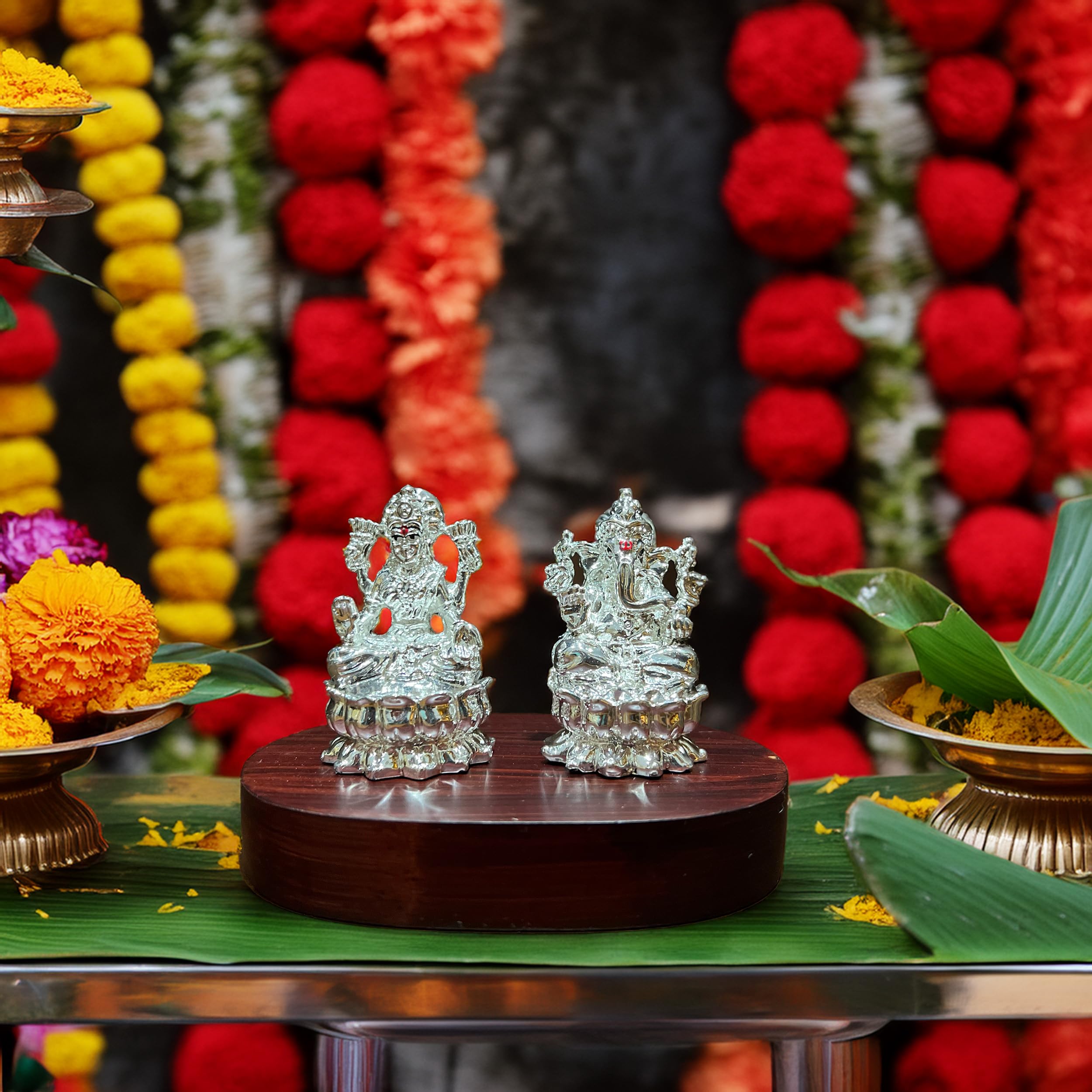 Idolkart 999 Silver Plated Ganesh Lakshmi Murti On A Wooden Base | Small Size (3 Inch) | Ganesh Laxmi Idol For Diwali Puja, Gift