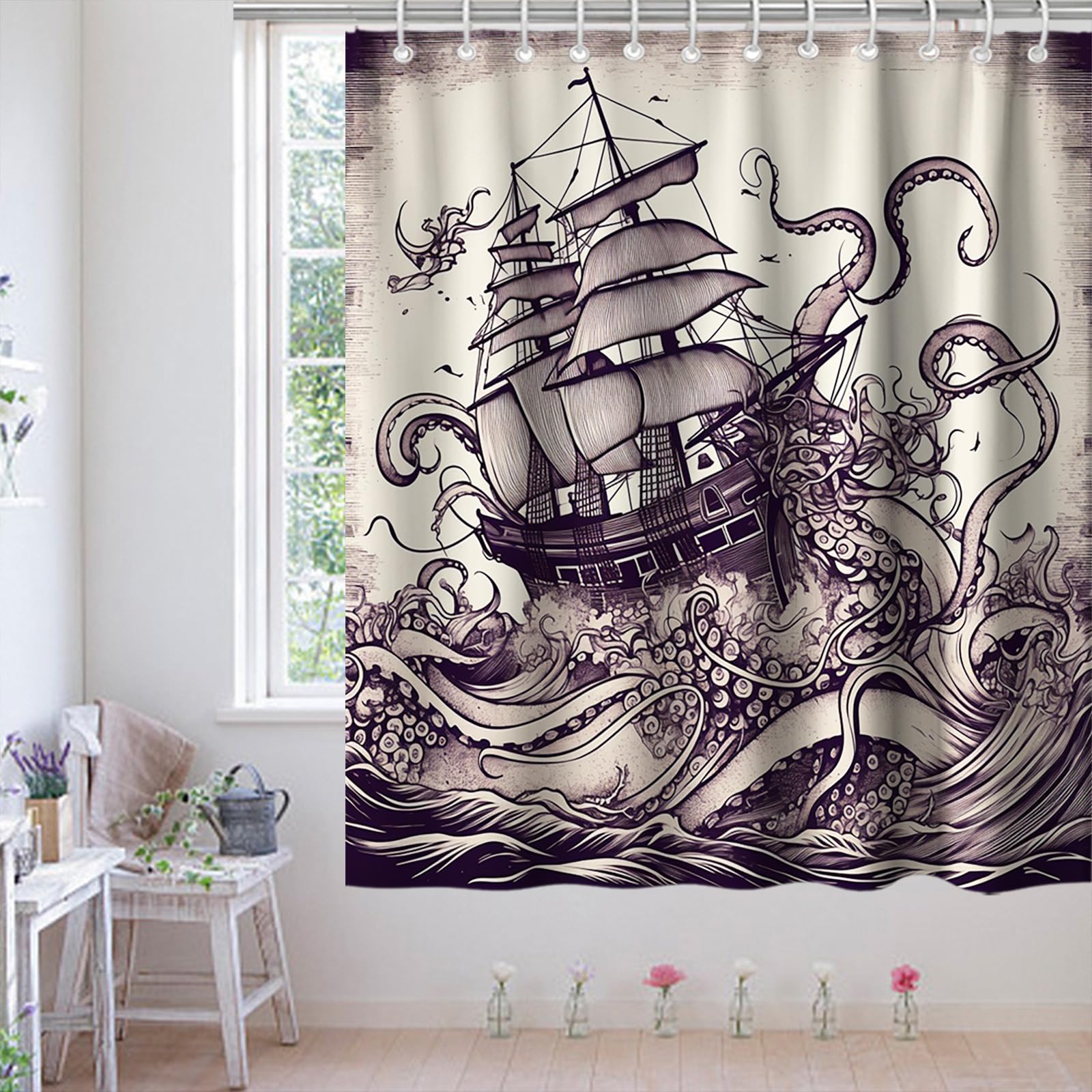 Final Friday Nautical Octopus Monster Sailboat Theme Fabric Nautical Shower Curtain Sets Ocean Bathroom Decor With Hooks Waterpr