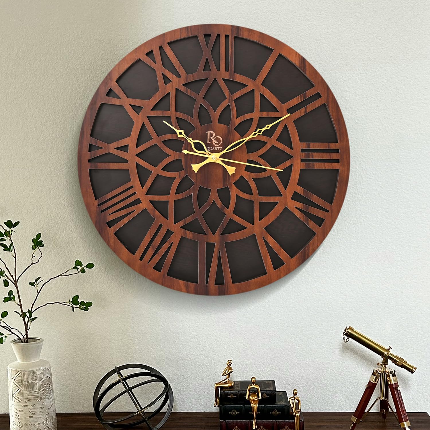 Regiis Opera Engineered Wood Round Shape Wall Clock With Roman Dial And Metallic Hands | Silent Quartz Movement Wooden Anti Refl
