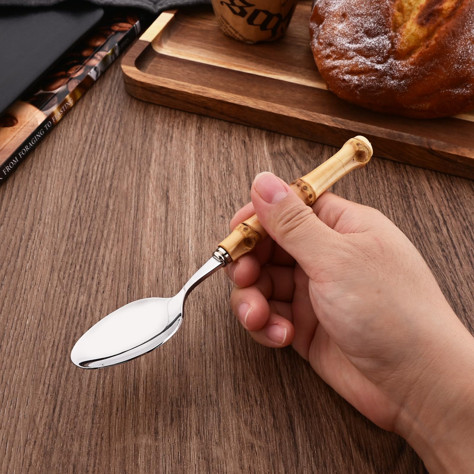 Uniturcky Dessert Spoon Set With Bamboo Handle, 8-Piece Stainless Steel Shiny Silver Dessert Spoon, Natural Bamboo Cutlery, Crea