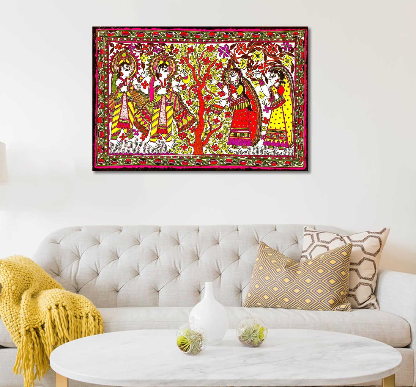 Tamatina Madhubani Art Canvas Painting for Home, Living Room, Bed Room | Sita Ram Traditional Painting for Diwali Home Decor | S