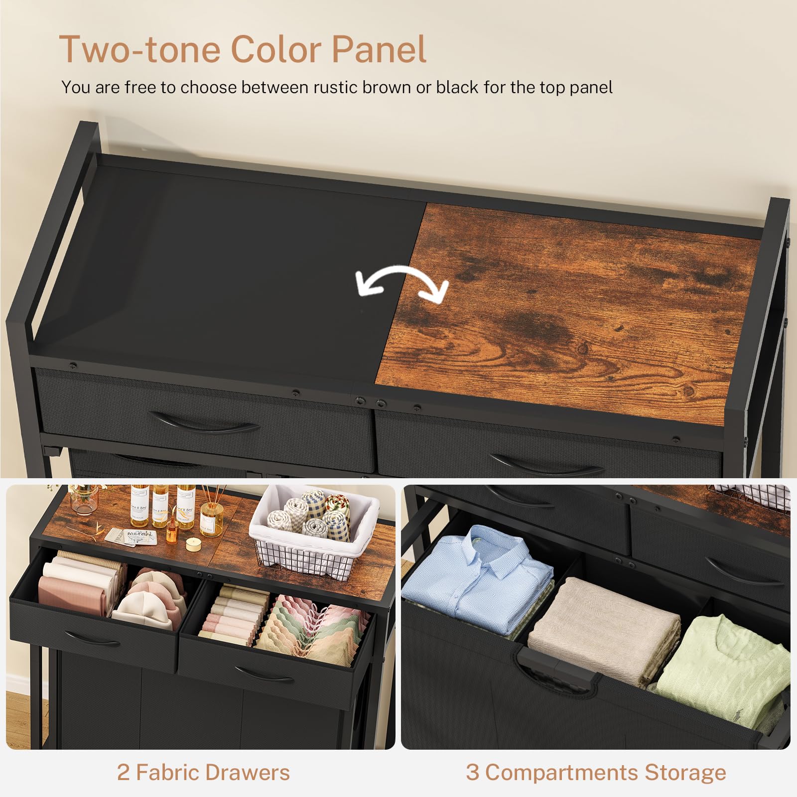 Laundry Sorter, Rolling Laundry Hamper With 3 Section Pull-Out Bags, Laundry Basket Organizer With 2 Drawers & 2-Tone Top Panel,