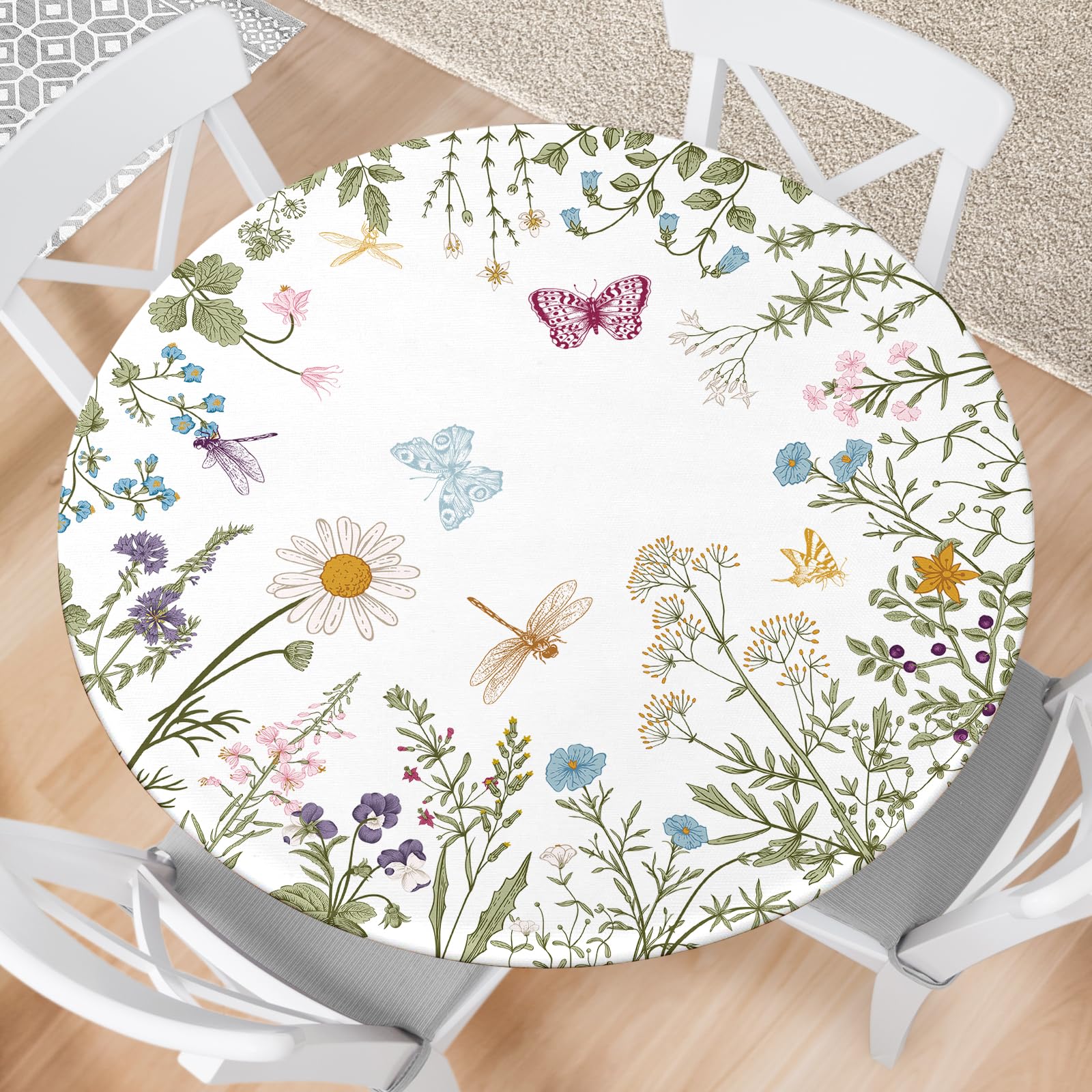 Spring Flower Round Fitted Tablecloth With Elastic Edge Wipeable Round Table Cloth Waterproof Reusable Outdoor Round Table Cover