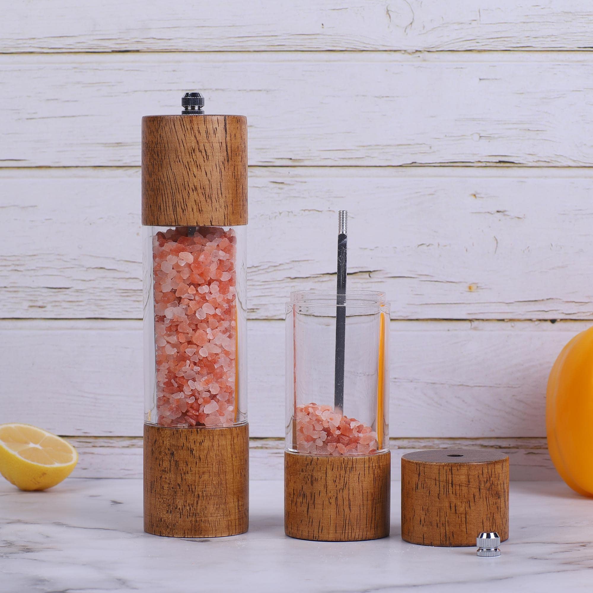 Wooden Salt And Pepper Grinder, 8 Inches Manual Pepper Mills, Wood Shakers With Glass Window, Refillable Hand Spice Dispenser Fo