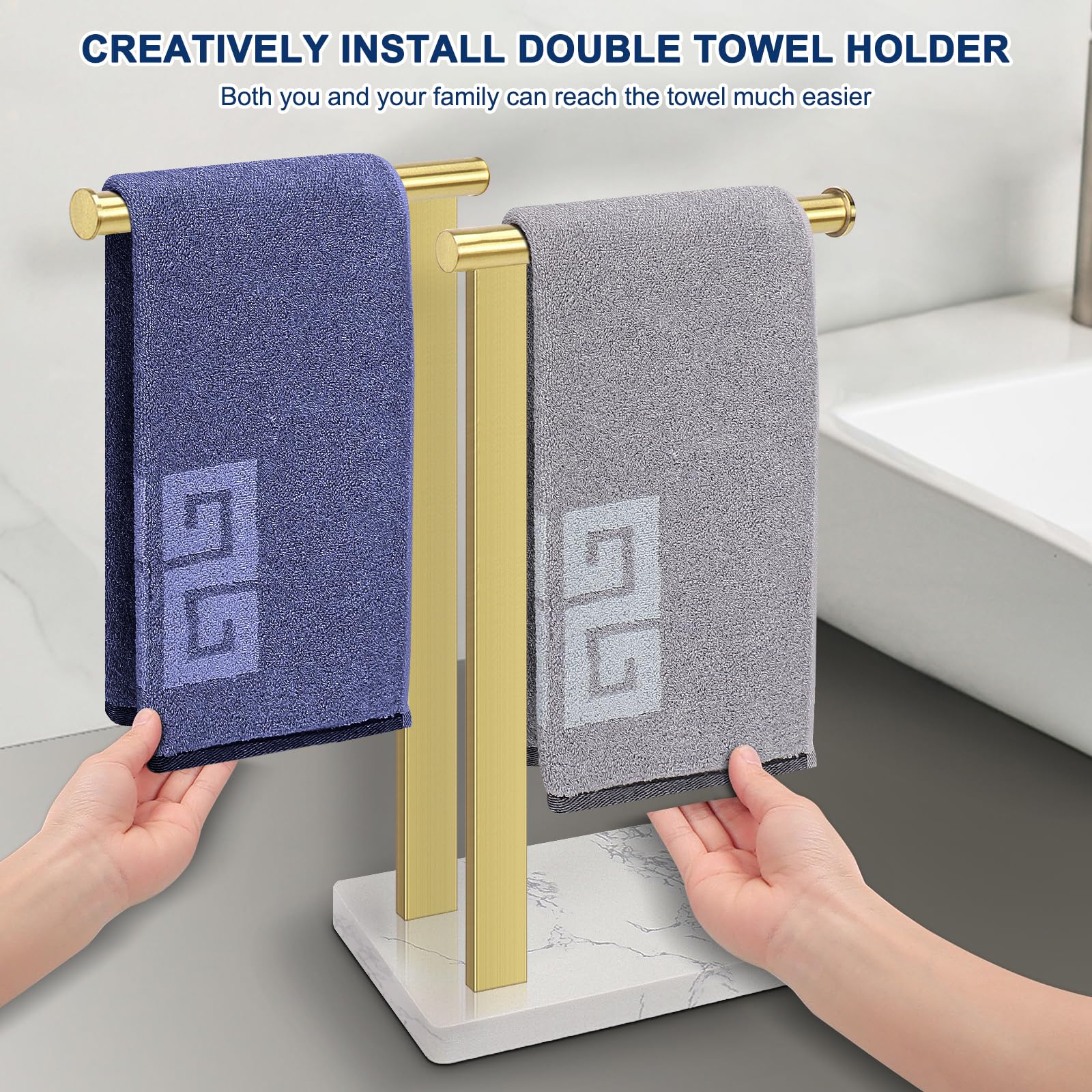 Nearmoon Hand Towel Holder With Balanced Marble Base, Sus304 Stainless Steel Stand Towel Ring L Shape Hand Towel Rack Free-Stand