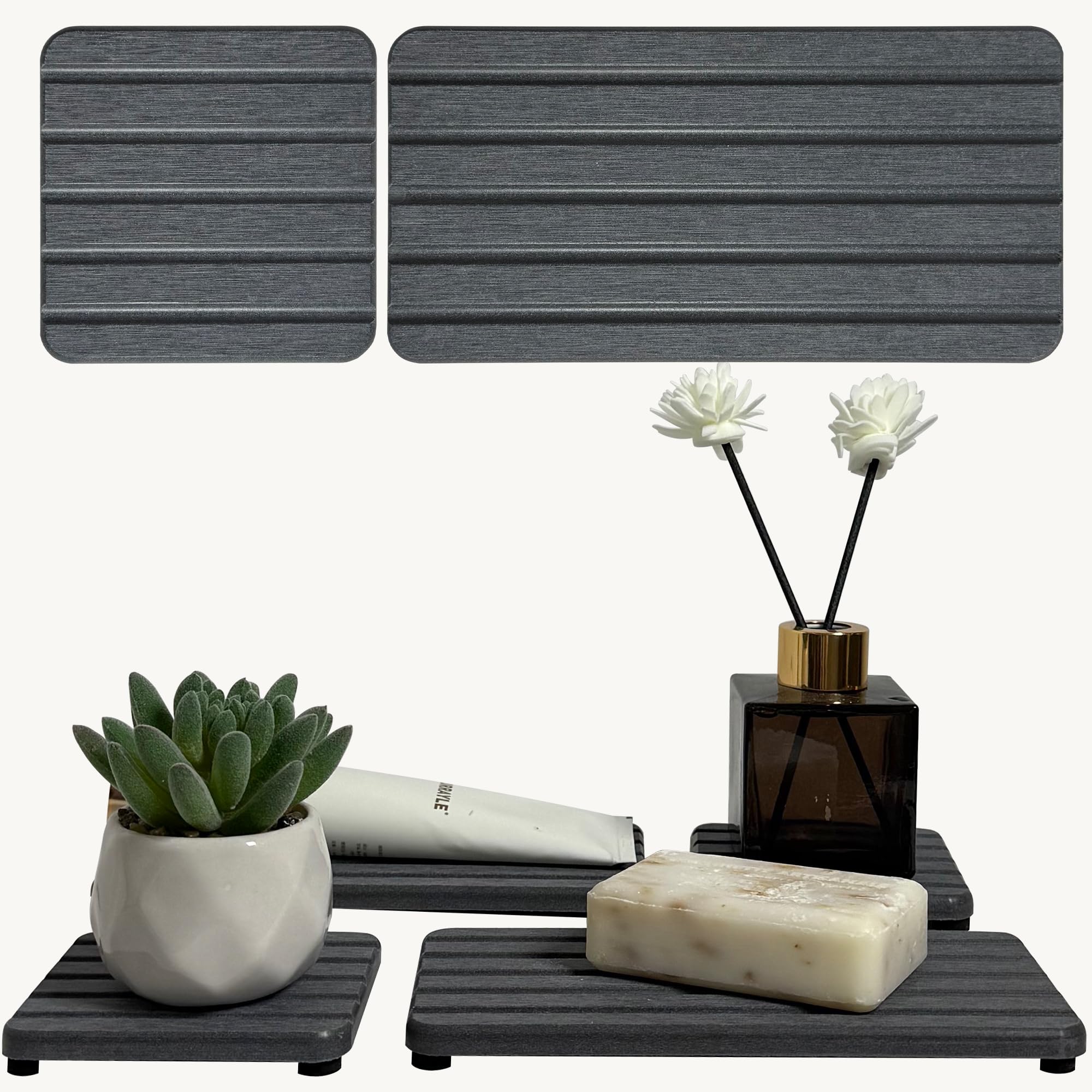 Set of 4 Bathroom Vanity Tray, Quick-Dry Diatomite Kitchen Tray with Non-Slip Pads | Water Absorbing Stone Used for Soap, Sponge
