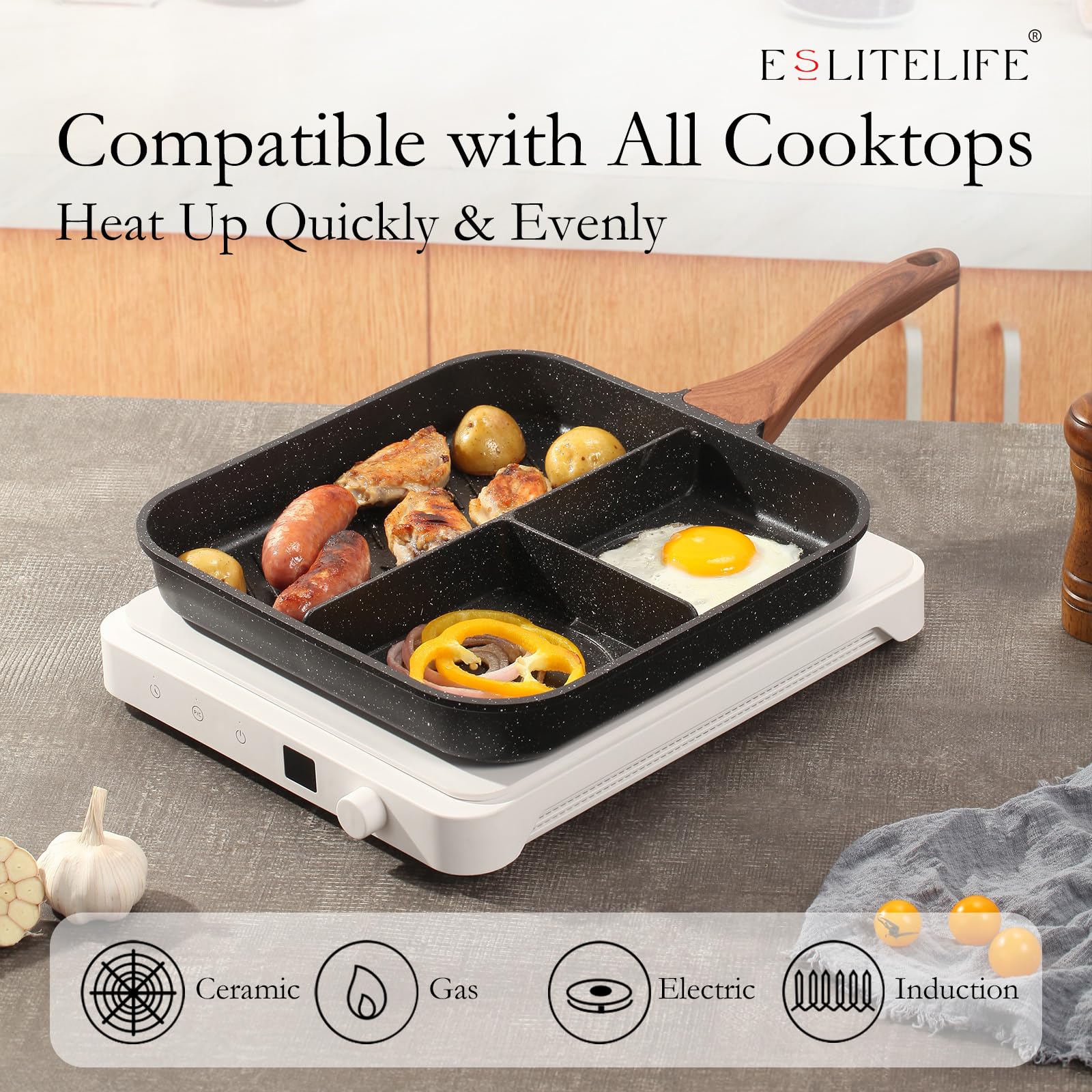 ESLITE LIFE Nonstick Divided Grill Pan for Stove Tops  11 Inch 3-Section Granite Coating Breakfast Grilling Skillet  Compatible with Gas  Electric & Induction  PFOA Free  Black