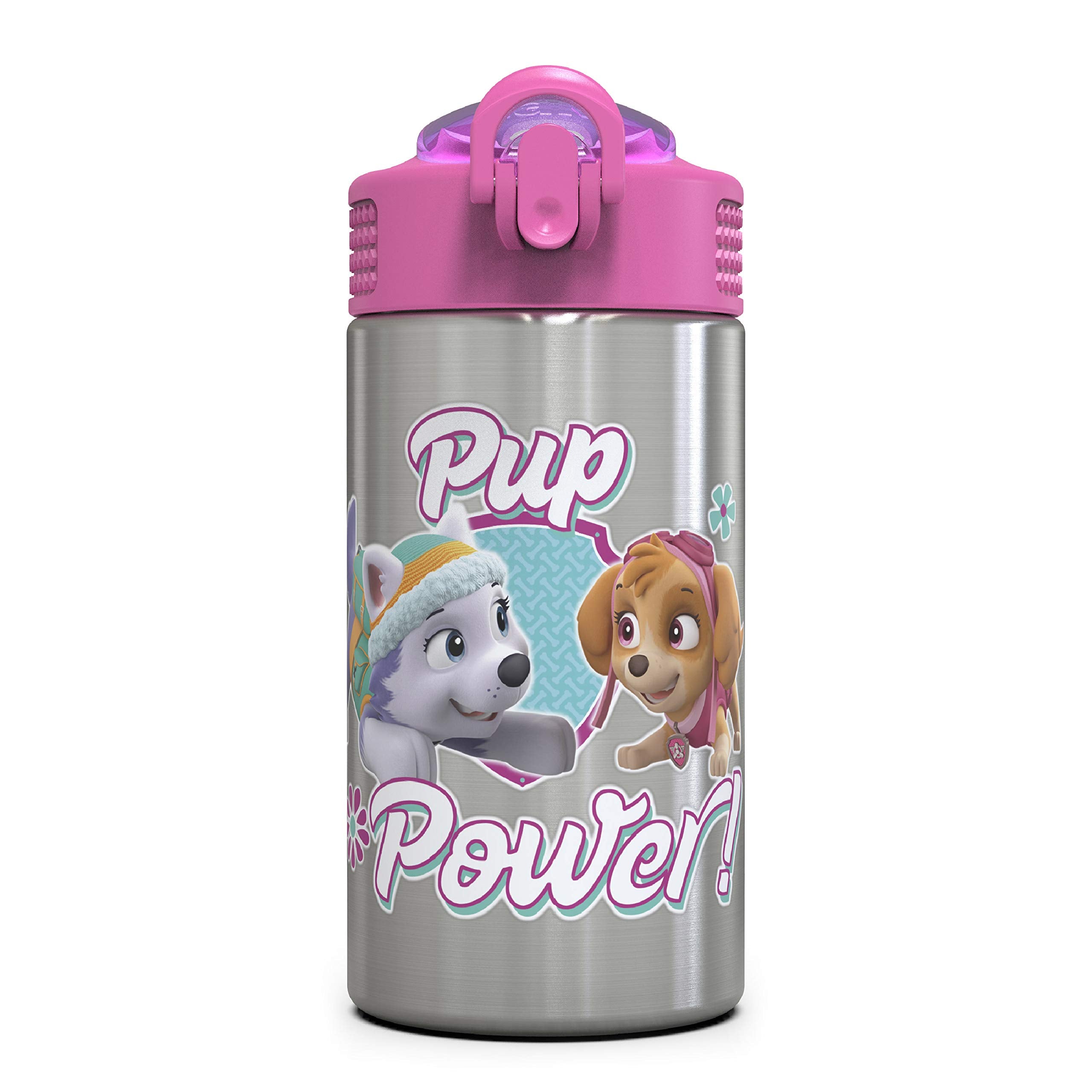Zak Designs Paw Patrol Skye - Stainless Steel Water Bottle with One Hand Operation Action Lid and Built-in Carrying Loop, Straw 