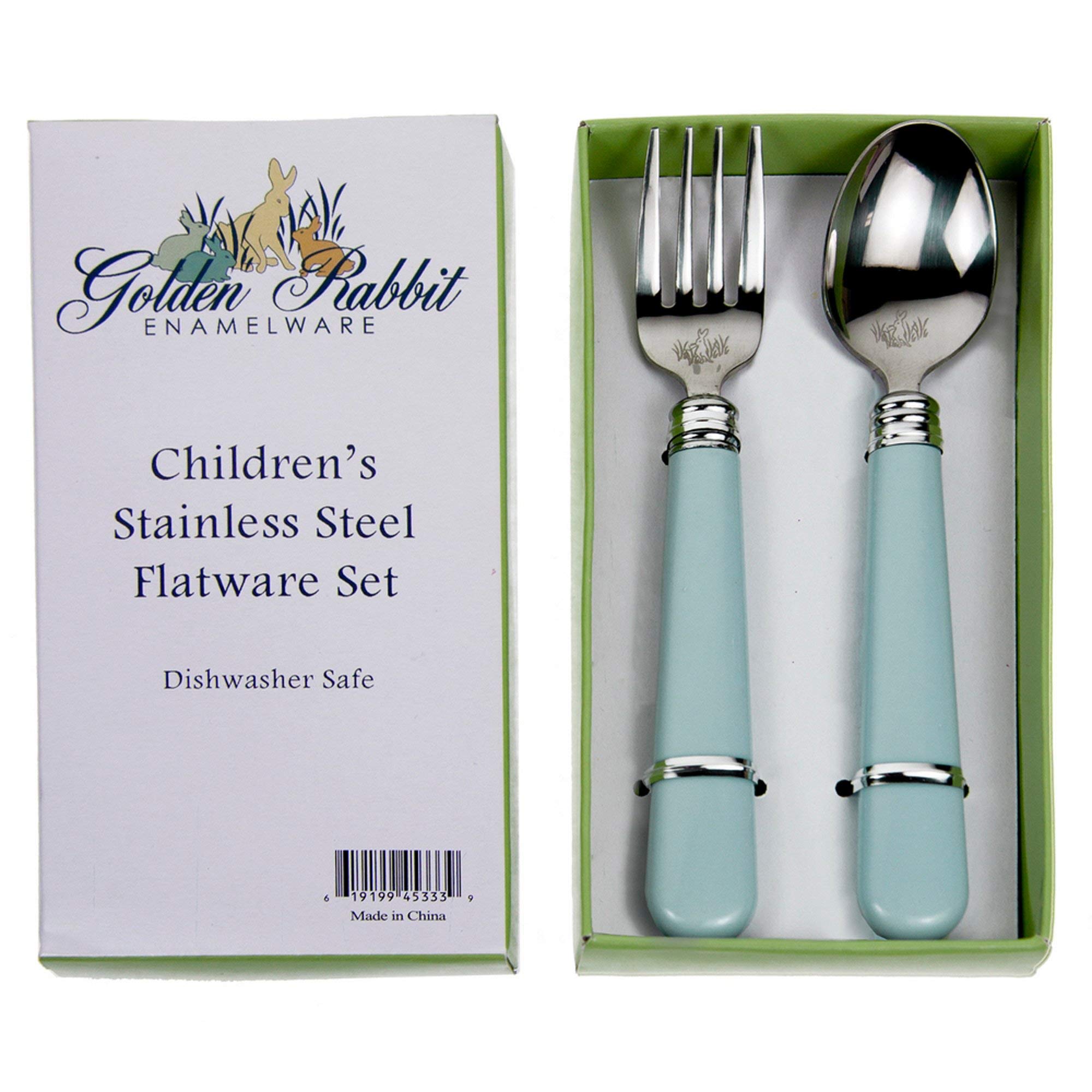 Golden Rabbit Enamelware Flatware Gift Set, Fork and Spoon, Robin s Egg