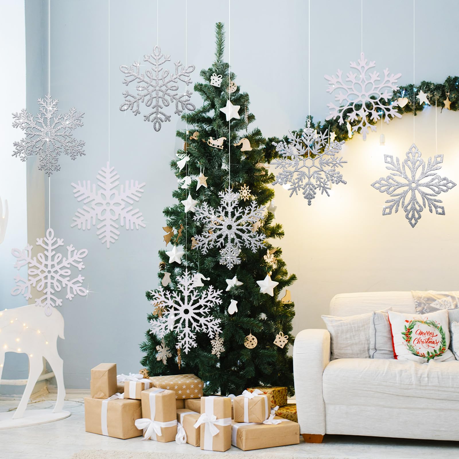 Sratte 24 Pcs 16 Inch Large Snowflake Ornaments,Giant Glitter Decorative Hanging Snowflakes,6 Designs Christmas Decorative Hangi