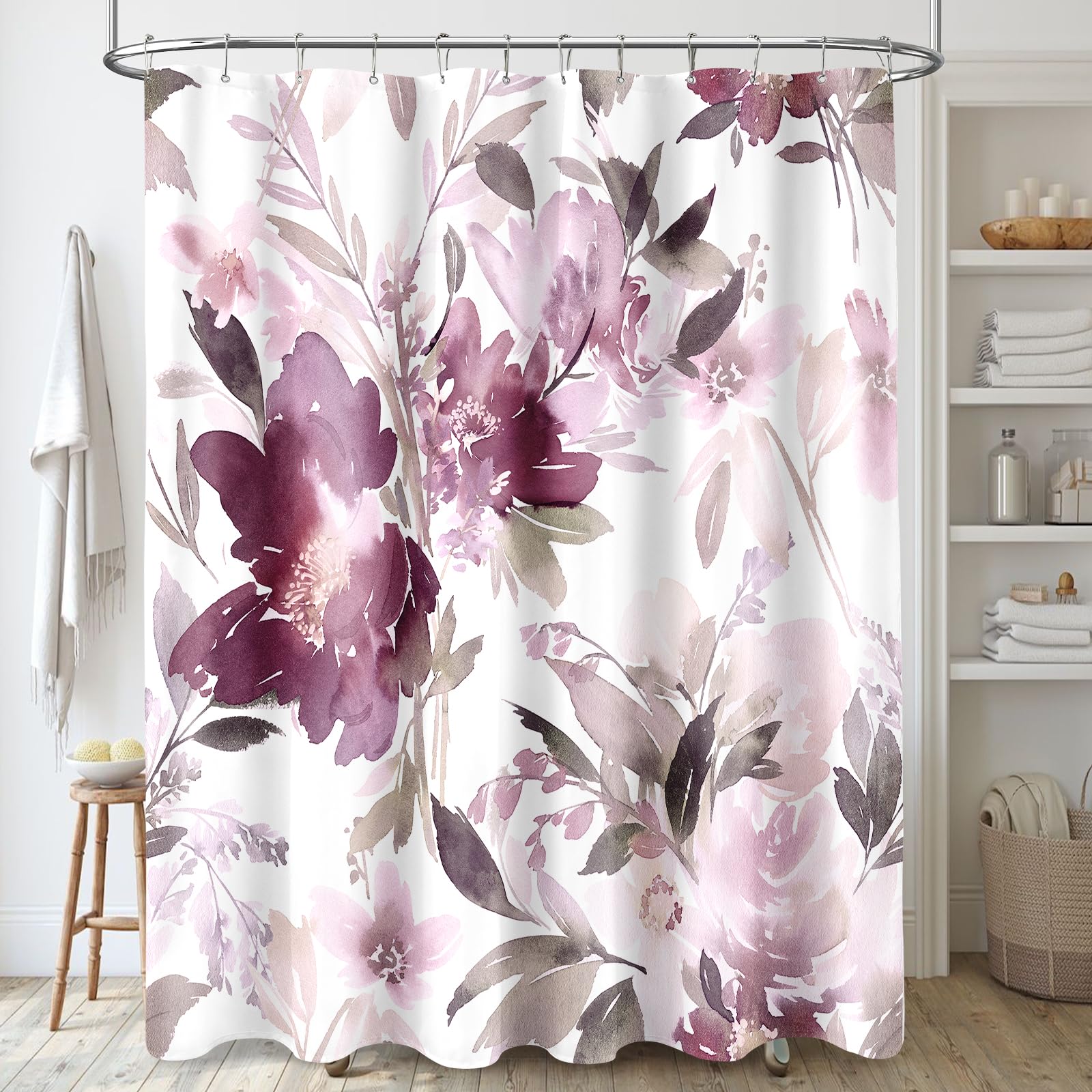 Mayzus Extra Long Shower Curtain 72 X 84 Inch, Tall Watercolor Floral Fabric Shower Curtain, Modern Abstract Mauve Flower Bathro