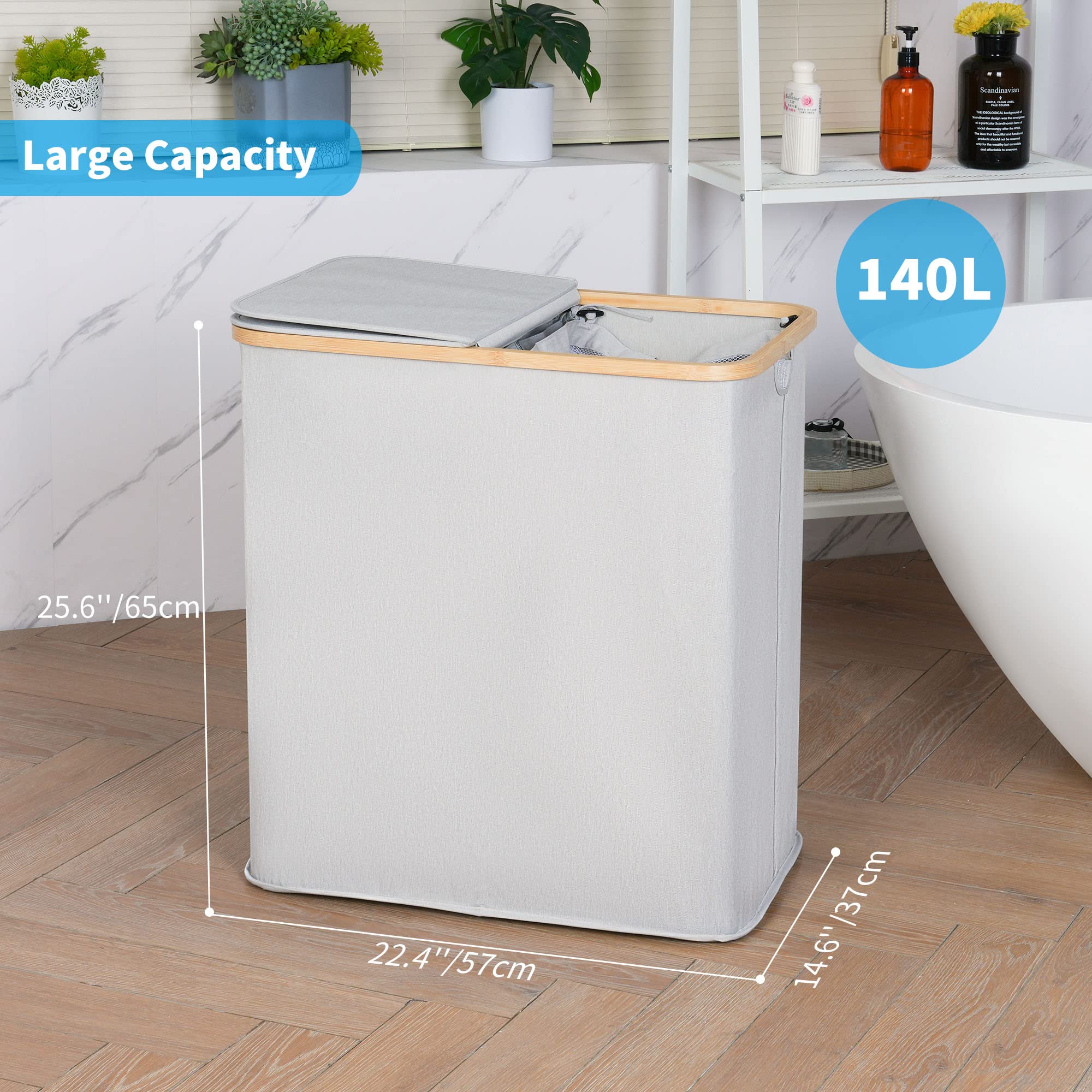 efluky Double Laundry Hamper with Lid  Divided Laundry Hamper with Removable Bags  2 Section Dirty Clothes Basket with Handles for Bathroom  Bedroom & Laundry Room  140L Light Grey