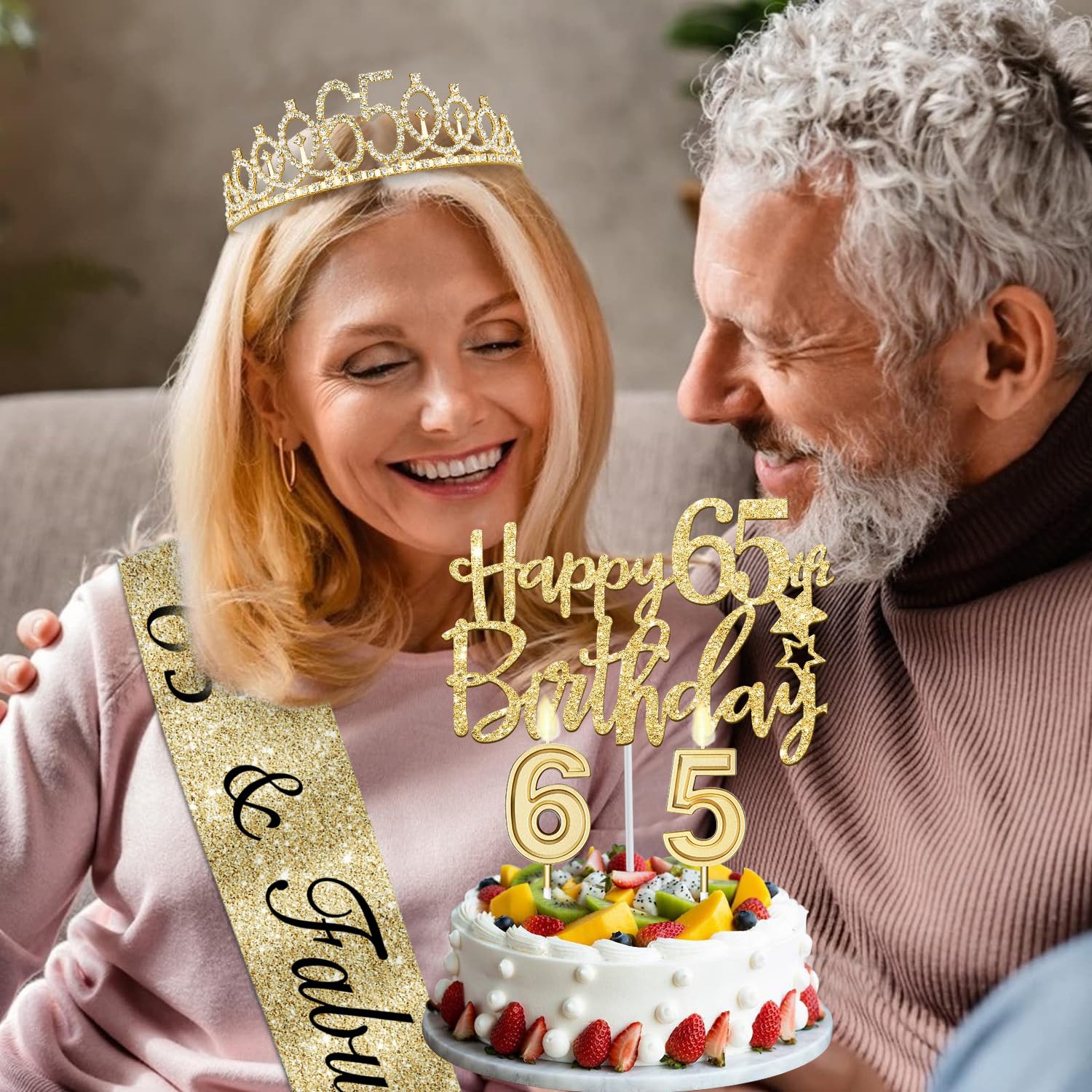 65Th Birthday Decorations For Women Including Gold 65Th Birthday Tiara And Sash, Gold 65Th Birthday Candles And Cake Topper, Gol
