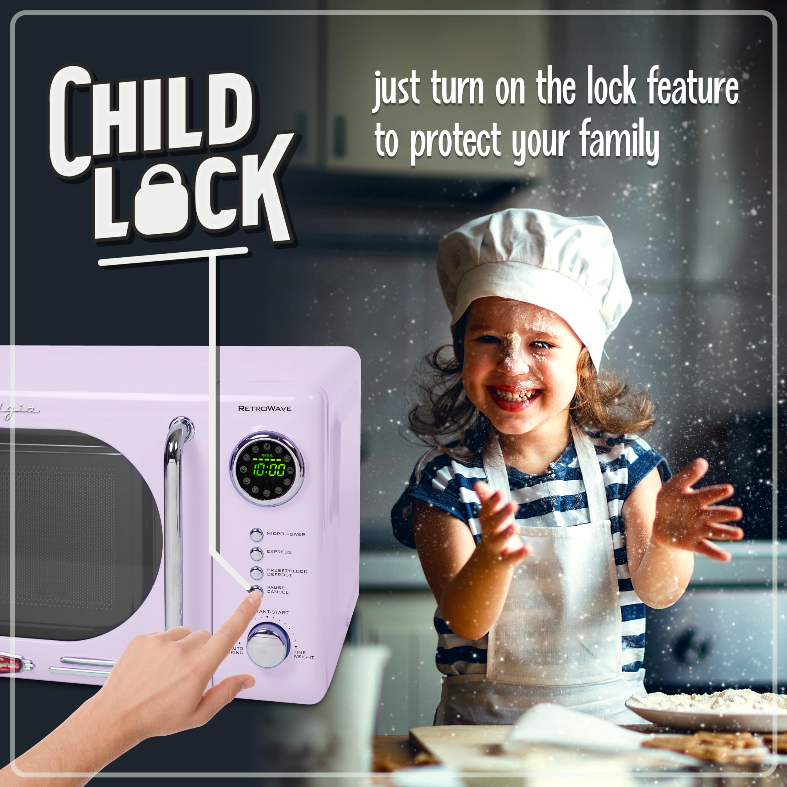 Nostalgia Retro Microwave Oven 700W, 0.7 Cu. Ft, Lavender - LED Display, Child Lock, Easy Clean Interior