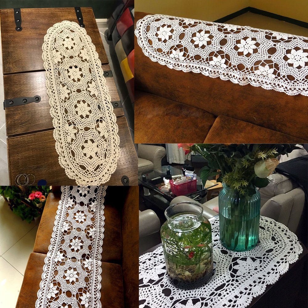 Kepswet Cotton Floral Oval Handmade Crochet Lace Table Runner Beige (12X36 Inch)